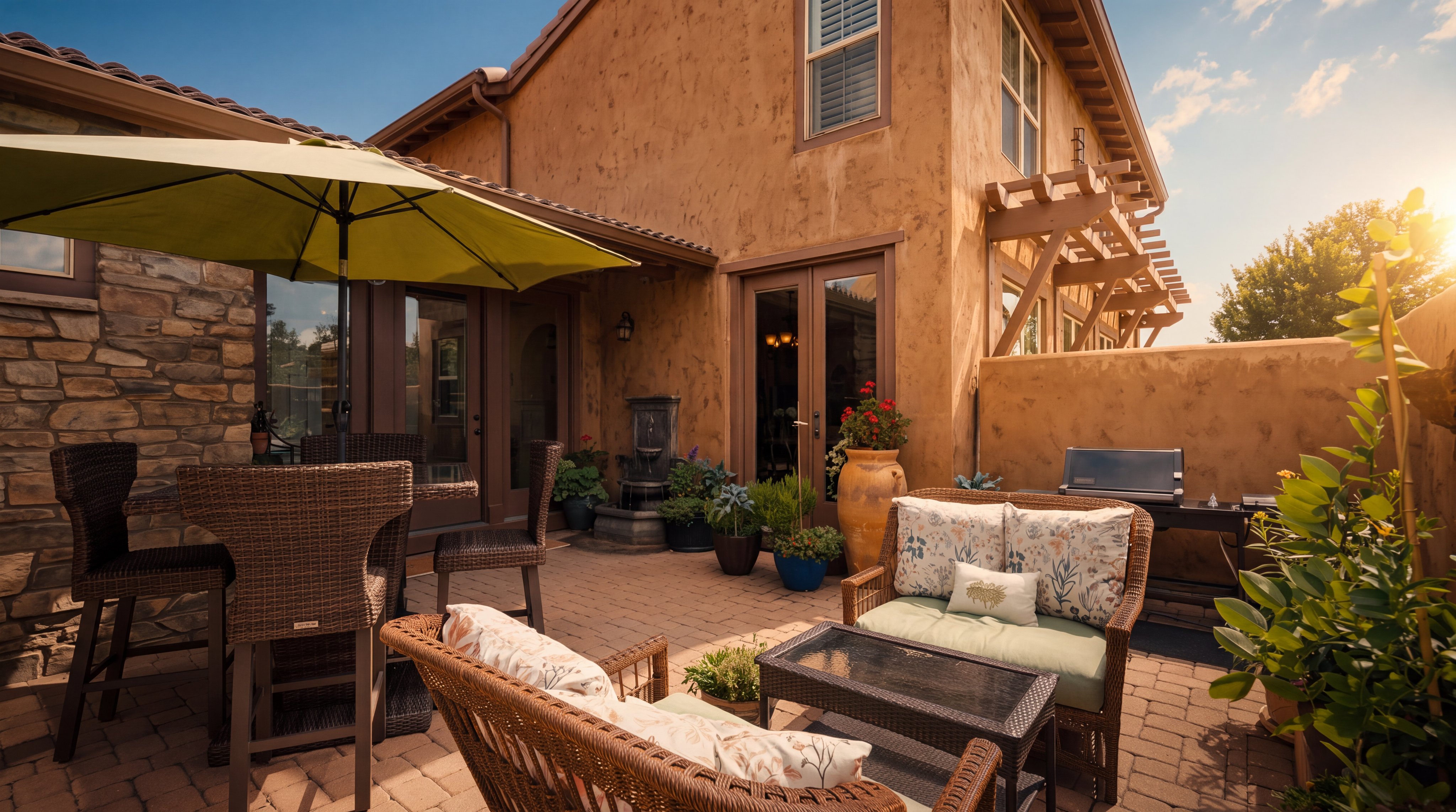 This inviting outdoor patio space features a paved stone floor and is furnished with comfortable wicker seating, including a sofa and dining set under a large green umbrella. The area is accented by potted plants, a small wall-mounted fountain, and a grill, all set against the warm-toned stucco exterior of the home. The perspective captures a cozy, private retreat perfect for al fresco dining and relaxation.