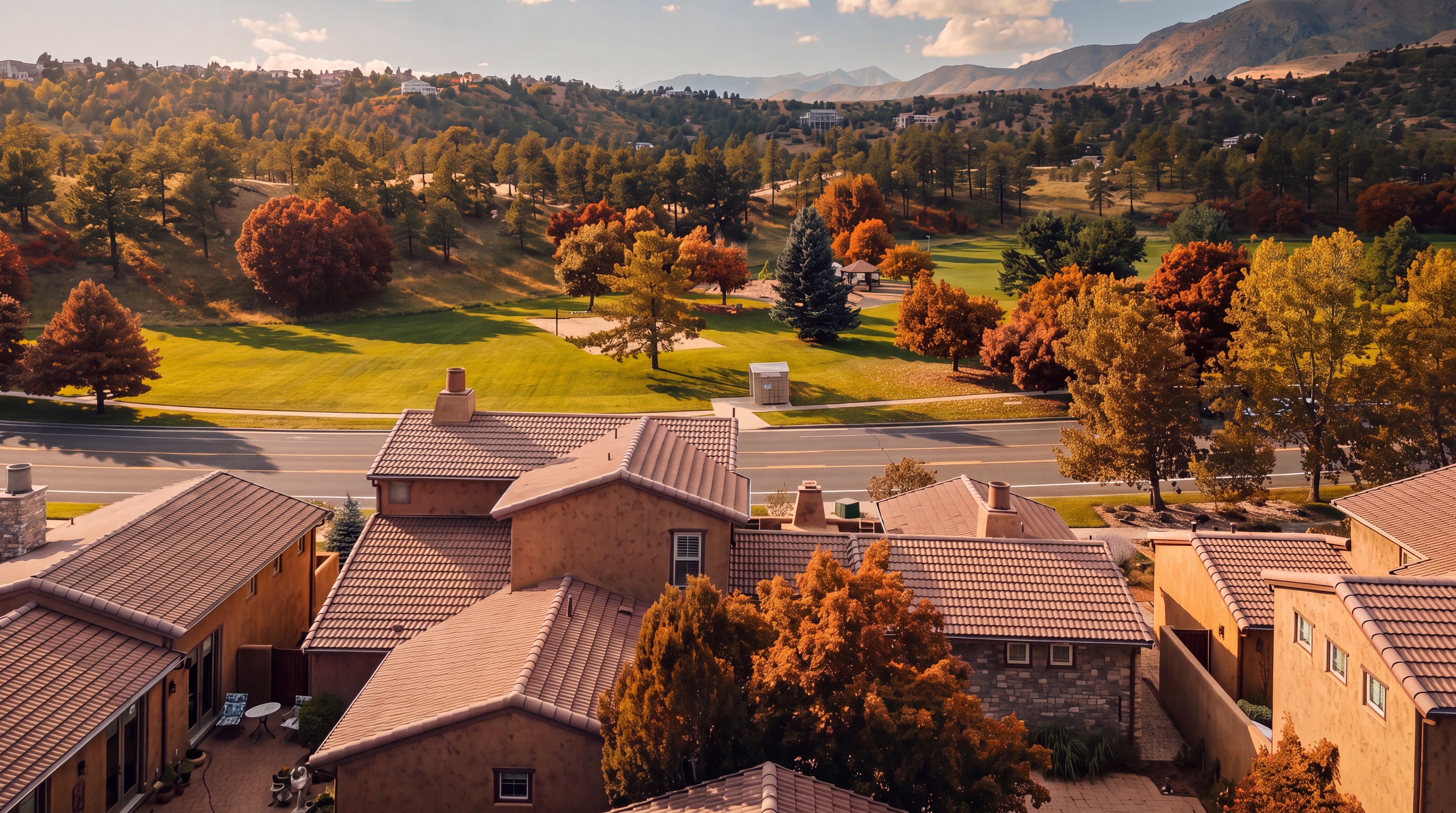 This high-angle aerial view captures a residential property with a multi-gabled, tile-roofed structure set against a scenic backdrop of rolling hills and mature trees. The foreground showcases the home's complex roofline and a small private patio area, while the background features a public park with a basketball court and green space separated by a quiet road. The perspective provides a comprehensive look at the home's integration into the surrounding suburban landscape.