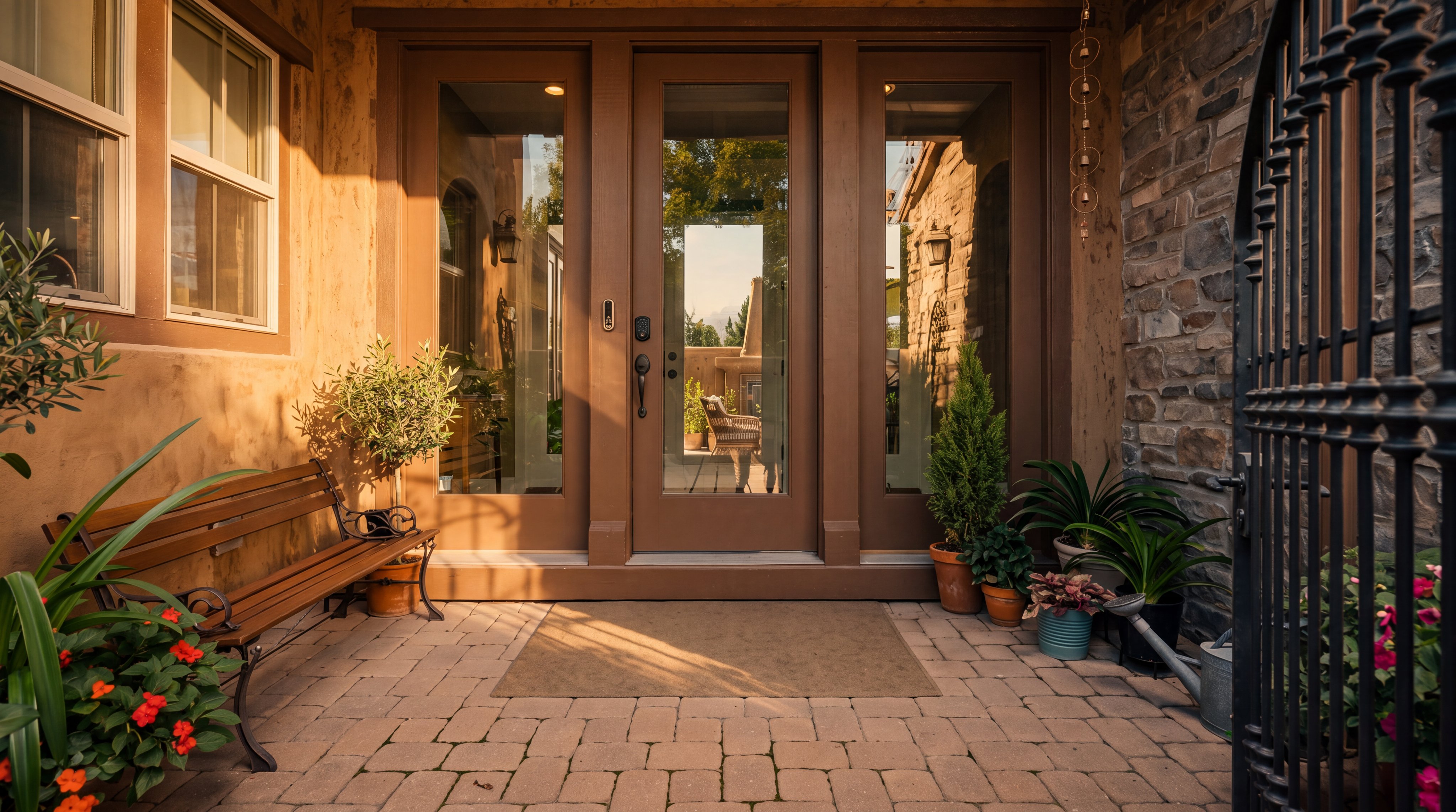 This inviting entryway features a front door with glass panels flanked by matching sidelights, set against a warm-toned stucco wall and stone accents. A wooden bench sits on the paved patio, which is framed by potted plants and a decorative metal gate. The perspective is a straight-on shot, capturing a welcoming and well-maintained residential entrance.