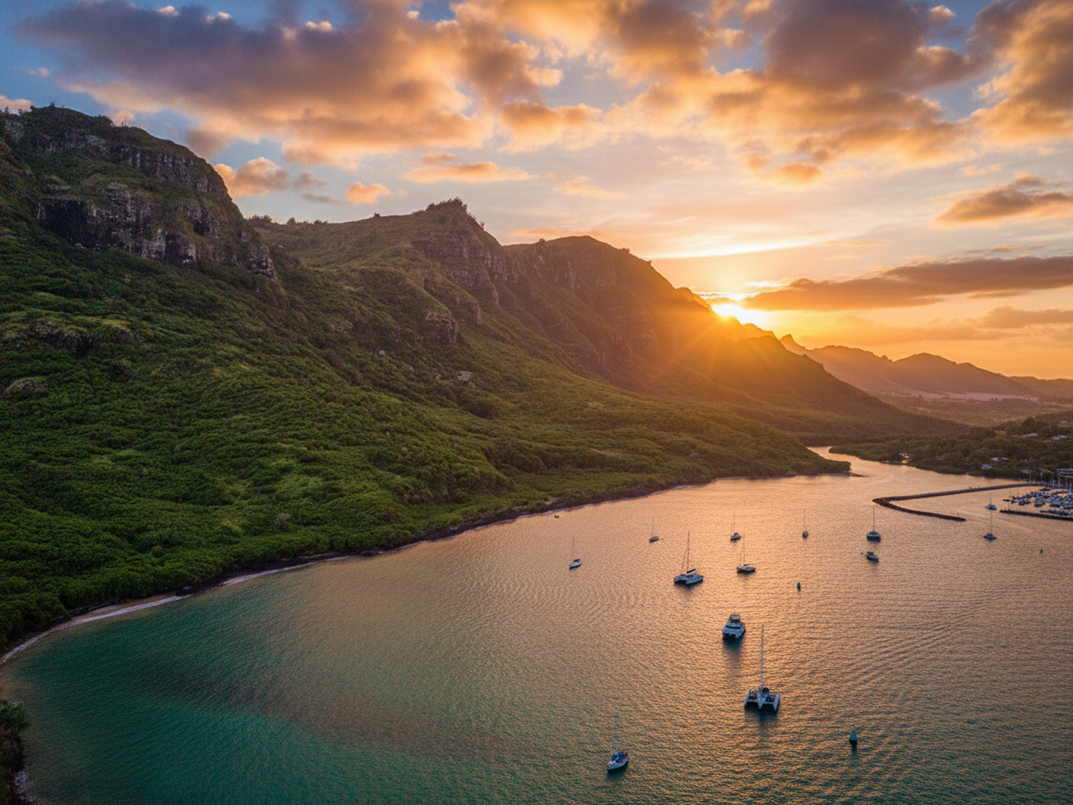 This aerial view showcases a stunning coastal landscape with lush green mountains meeting the turquoise waters. Several boats dot the bay, hinting at recreational opportunities. The warm sunset light casts a beautiful glow, enhancing the overall appeal and highlighting the property's desirable location for potential buyers.