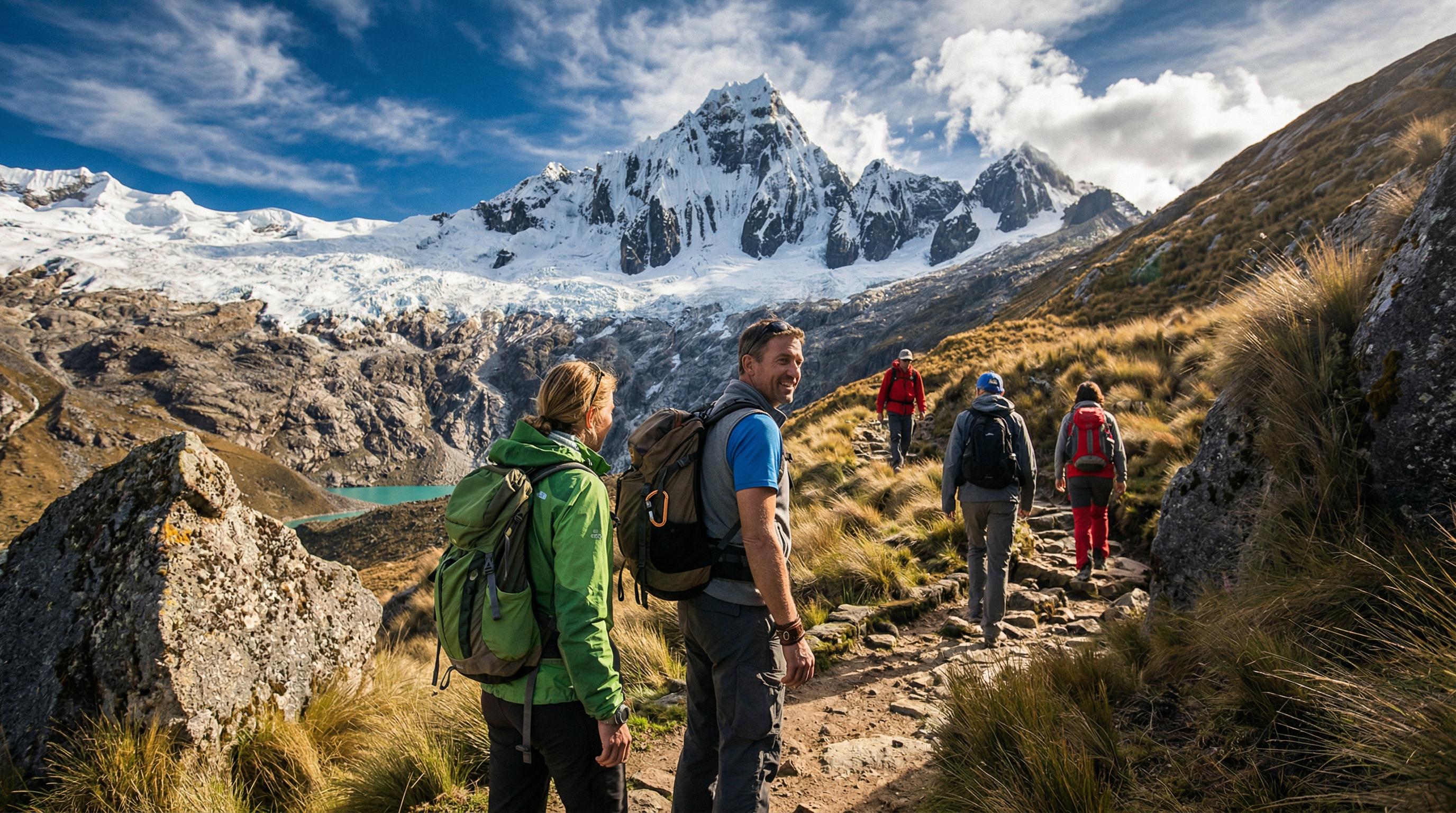 This image captures a group of hikers walking along a scenic mountain trail with a prominent, snow-capped peak in the background. The landscape features rugged terrain, patches of dry grass, and a distant turquoise lake, emphasizing the natural beauty and outdoor activity potential of the area. This setting is characteristic of prime adventure tourism locations, often highlighting the proximity to wilderness landscapes.