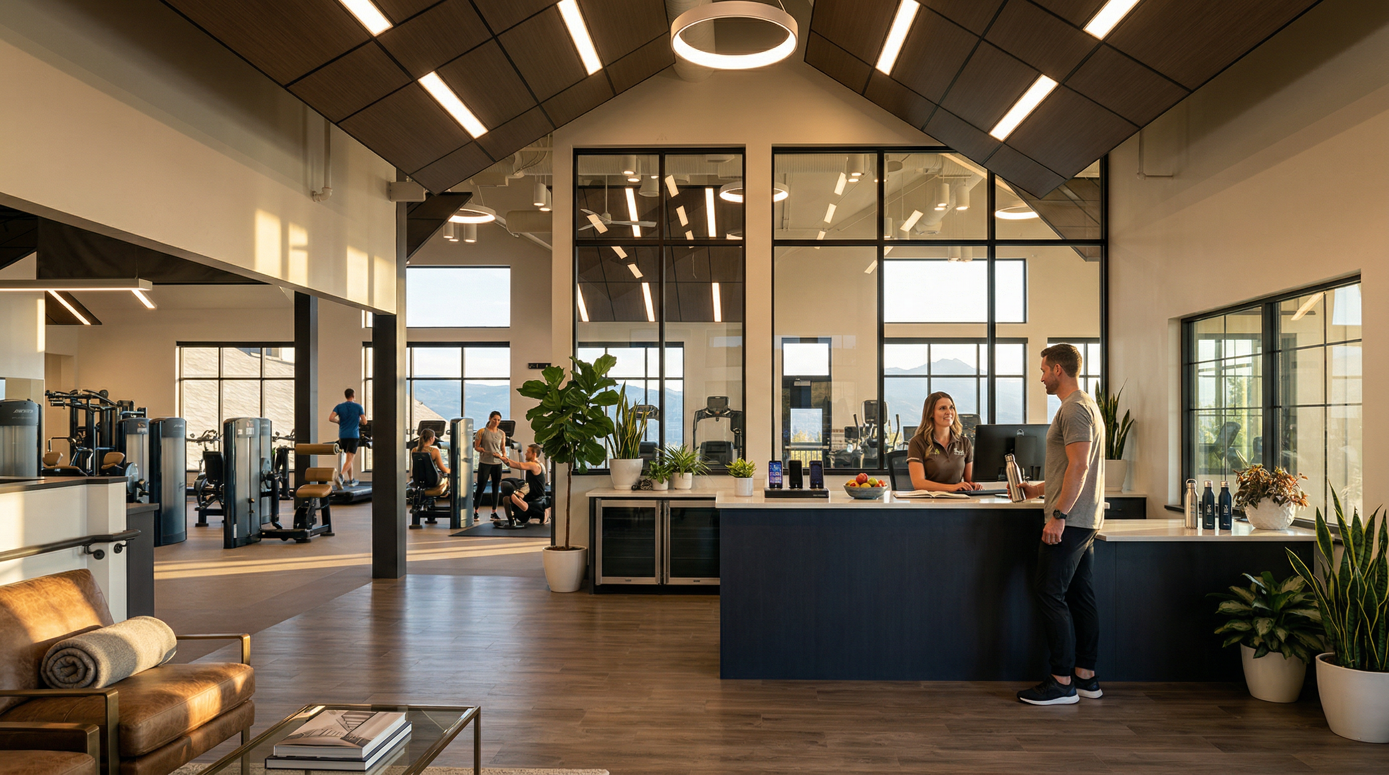 This spacious and modern clubhouse fitness center features a sophisticated reception desk, a comfortable lounge area with leather seating, and an expansive gym floor equipped with contemporary exercise machines. Large windows provide ample natural light and scenic mountain views, while the high, vaulted ceilings with architectural lighting add to the airy, high-end atmosphere. The space blends professional functionality with a welcoming, residential feel.
