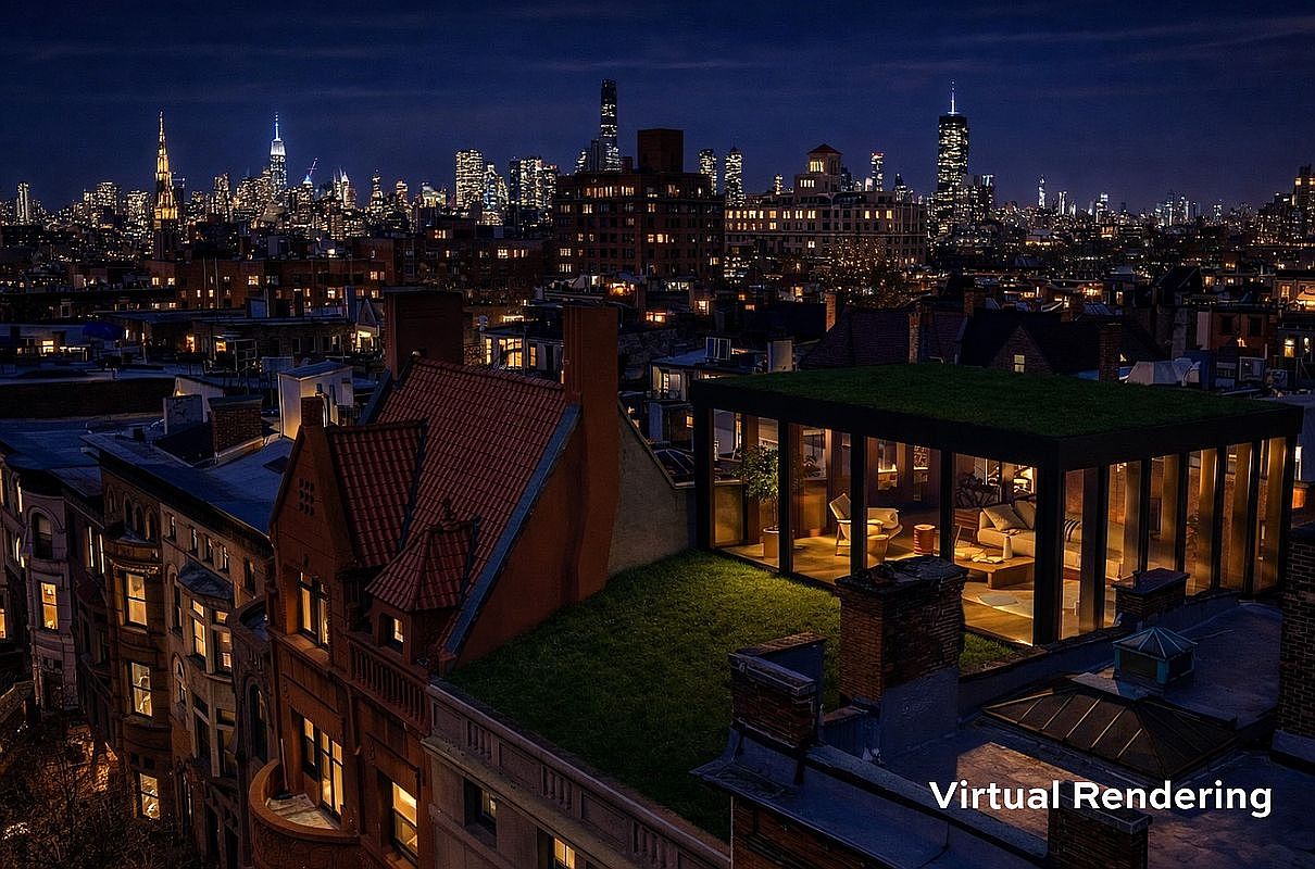 This cinematic aerial view captures a sophisticated rooftop terrace addition featuring a modern glass-enclosed structure set against a sprawling New York City skyline at dusk. The design seamlessly integrates a lush green roof with the historic architecture of the surrounding brownstones, creating a striking contrast between classic urban charm and contemporary luxury. The warm, inviting glow from the interior space highlights the potential for an exclusive, high-end living experience.