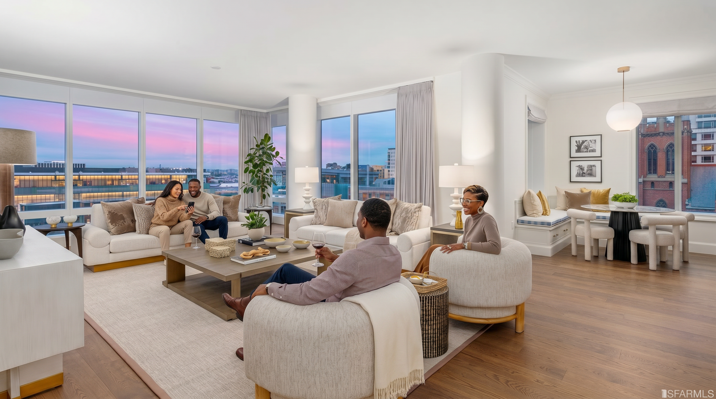 This elegant and spacious living room features a contemporary open-concept layout with floor-to-ceiling windows offering a panoramic city view at dusk. The neutral color palette, plush cream-colored seating, and warm wood flooring create a sophisticated, comfortable atmosphere suitable for social gatherings. A seamless transition to a dining area is visible in the background, enhancing the airy and modern feel of this luxury residence.