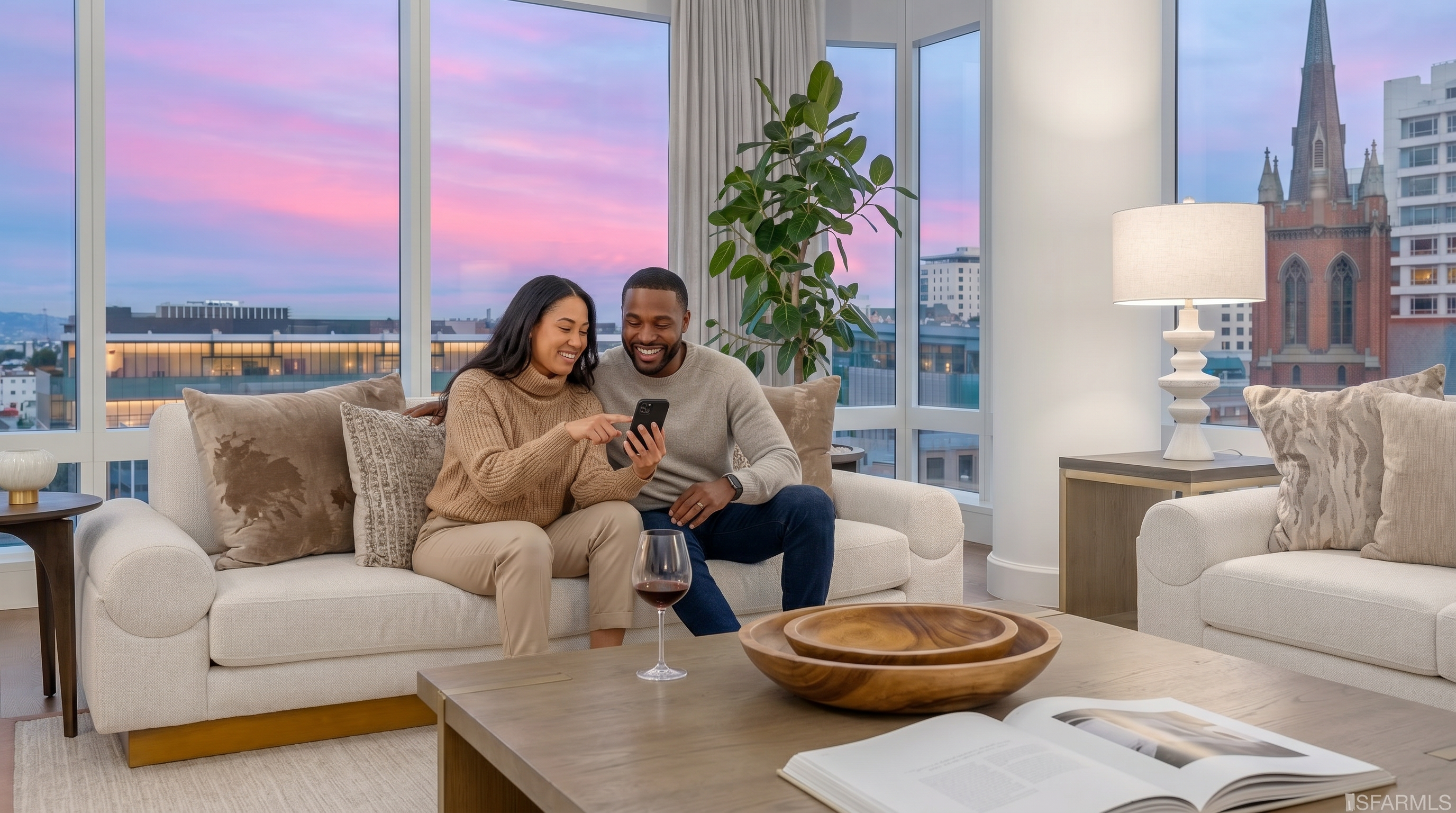 This sophisticated, sun-drenched living room features high-end furnishings, including a plush neutral sofa and a rich wooden coffee table. Floor-to-ceiling windows offer a breathtaking panoramic view of the cityscape at sunset, highlighting the unit's desirable urban location. The warm lighting and curated decor create an inviting and luxurious atmosphere, perfect for comfortable city living.