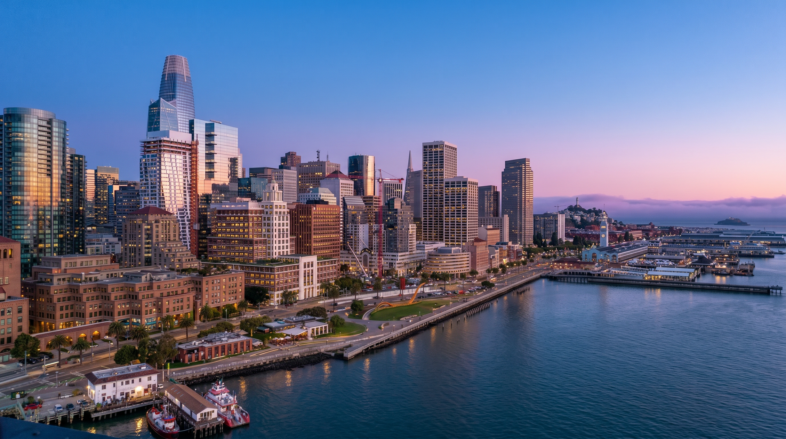 This stunning wide-angle aerial shot captures the iconic San Francisco skyline at dusk, showcasing a mix of modern skyscrapers and historic waterfront architecture. The image highlights the prime urban location with immediate access to the bay, public parks, and notable landmarks like the Ferry Building. The soft golden hour light creates a professional and inviting aesthetic perfect for showcasing city-center living.