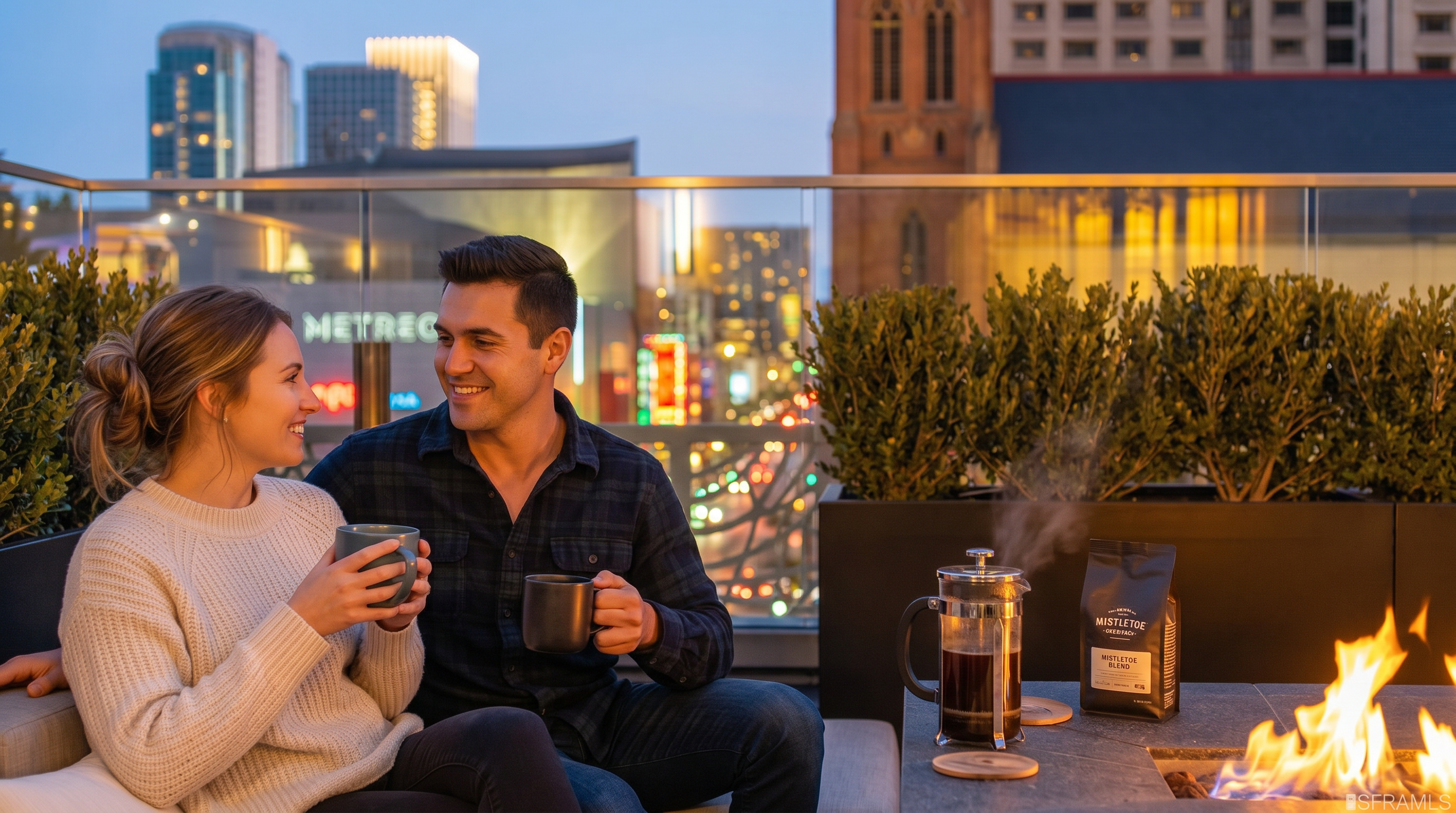 This stunning terrace at dusk offers an inviting outdoor living space with a built-in fire pit and an elegant glass railing overlooking the city skyline. Lush greenery frames the seating area, creating an intimate urban retreat perfect for relaxation or entertaining. The sophisticated lighting and professional staging highlight the property's premium lifestyle amenities.