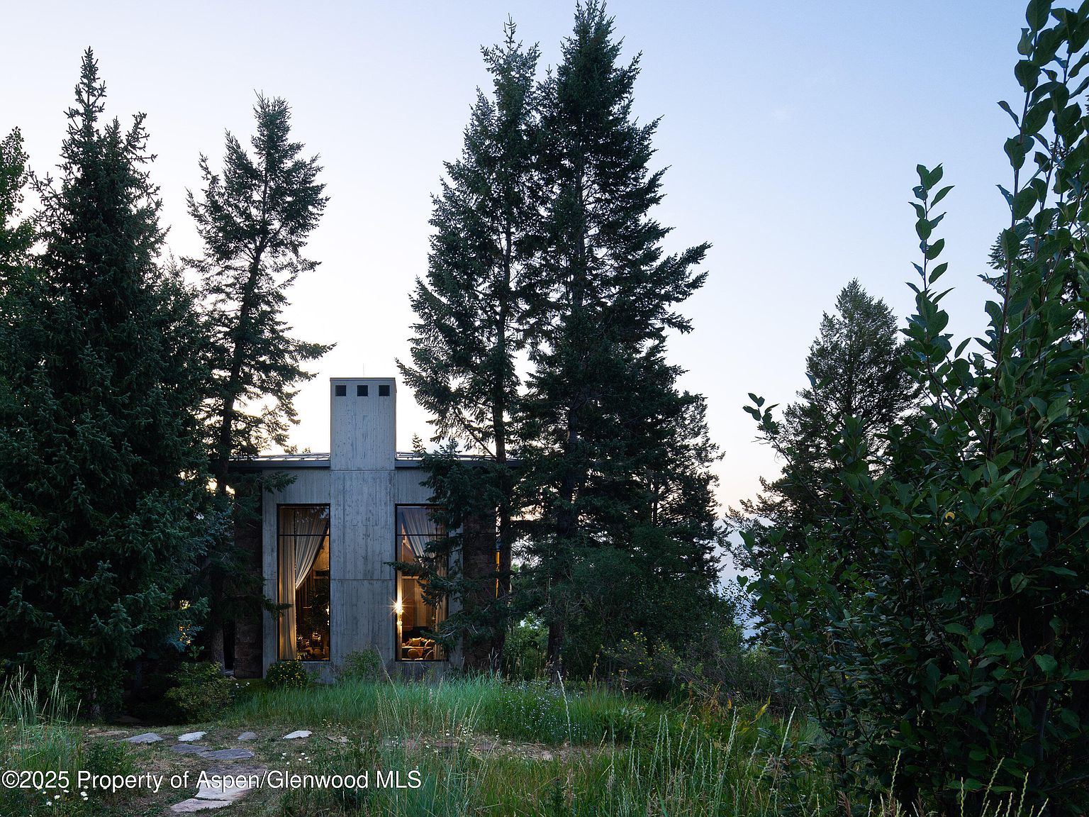 This image showcases the front exterior of a modern home, characterized by its concrete facade and large windows that offer glimpses of the interior. The house is nestled among tall evergreen trees and natural vegetation, creating a secluded and private setting. A stone pathway leads to the entrance, blending seamlessly with the surrounding landscape.
