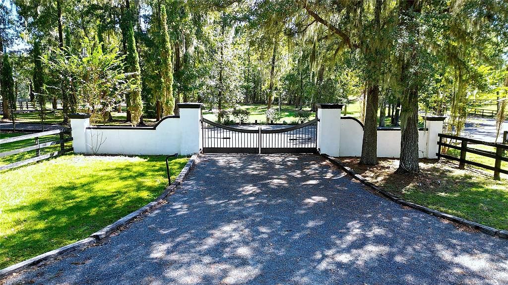 The image showcases an impressive entryway featuring a black metal gate flanked by white stucco walls with black trim. A paved driveway leads up to the gate, shaded by mature trees with Spanish moss. The scene evokes a sense of privacy and grandeur, suggesting a well-maintained and upscale property.