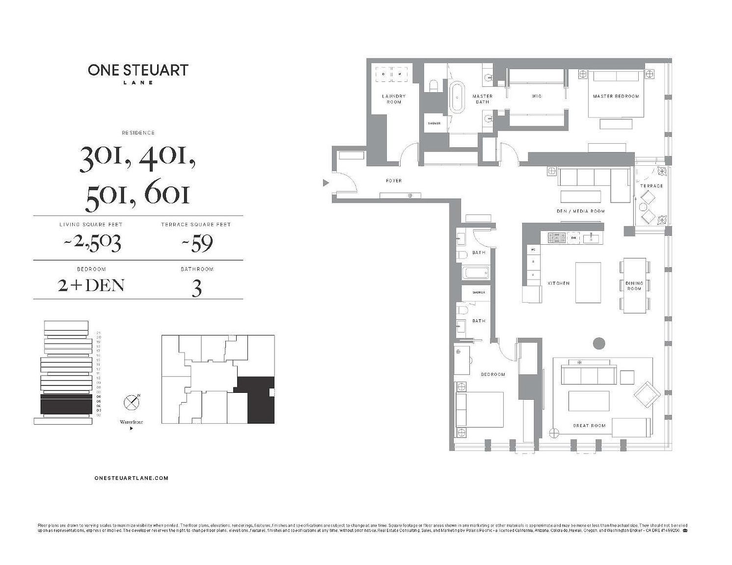 This image showcases a detailed floor plan for residences 301, 401, 501, and 601 at One Steuart Lane. The plan includes a master bedroom with a walk-in closet and master bath, a den/media room, a kitchen, a dining room, a great room, and a laundry room. The living square footage is approximately 2,503, with a terrace offering an additional 59 square feet, and the unit features 2+ bedrooms and 3 bathrooms.