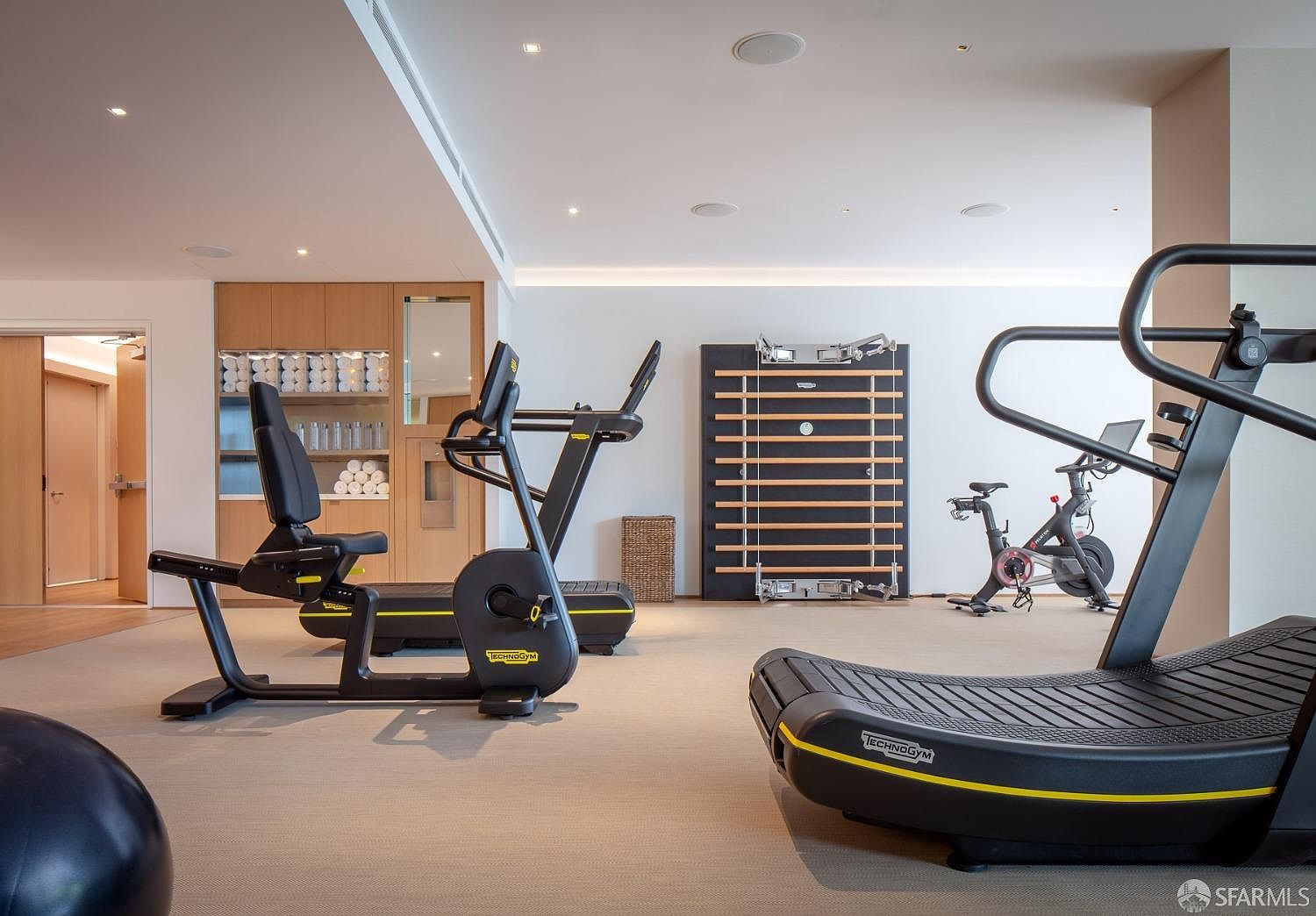 This is a well-equipped home gym featuring modern exercise equipment such as treadmills, stationary bikes, and a wall-mounted ladder bar. The room has a clean and minimalist design with light-colored walls and flooring, creating a bright and inviting space for workouts. The layout is spacious, allowing for easy movement between equipment.