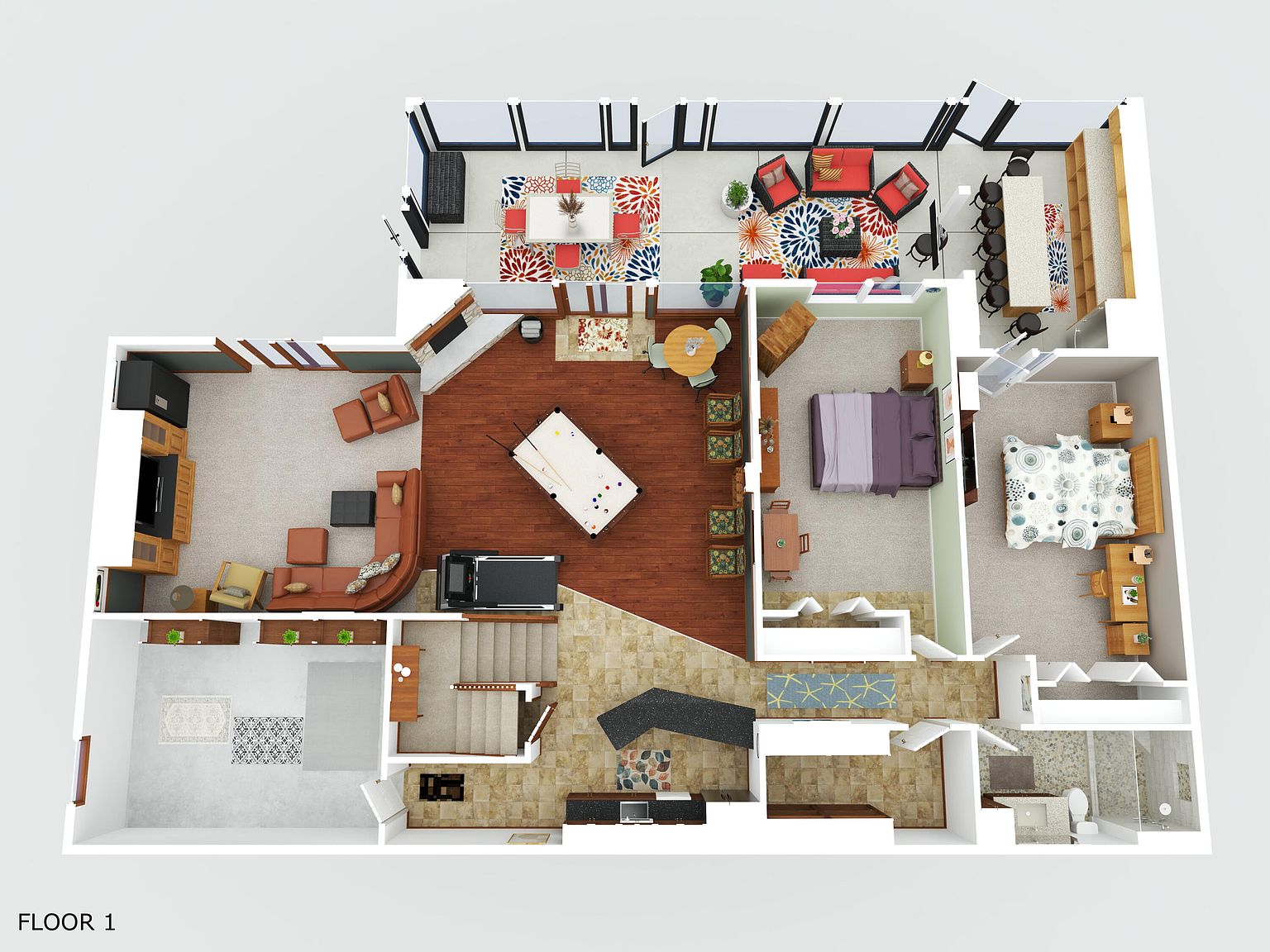 This is a floor plan of a house, showcasing the layout of the rooms on the first floor. The plan includes a living room, dining area, kitchen, bedrooms, bathrooms, and a recreational area with a pool table. The design provides a clear overview of the spatial relationships and flow within the home.