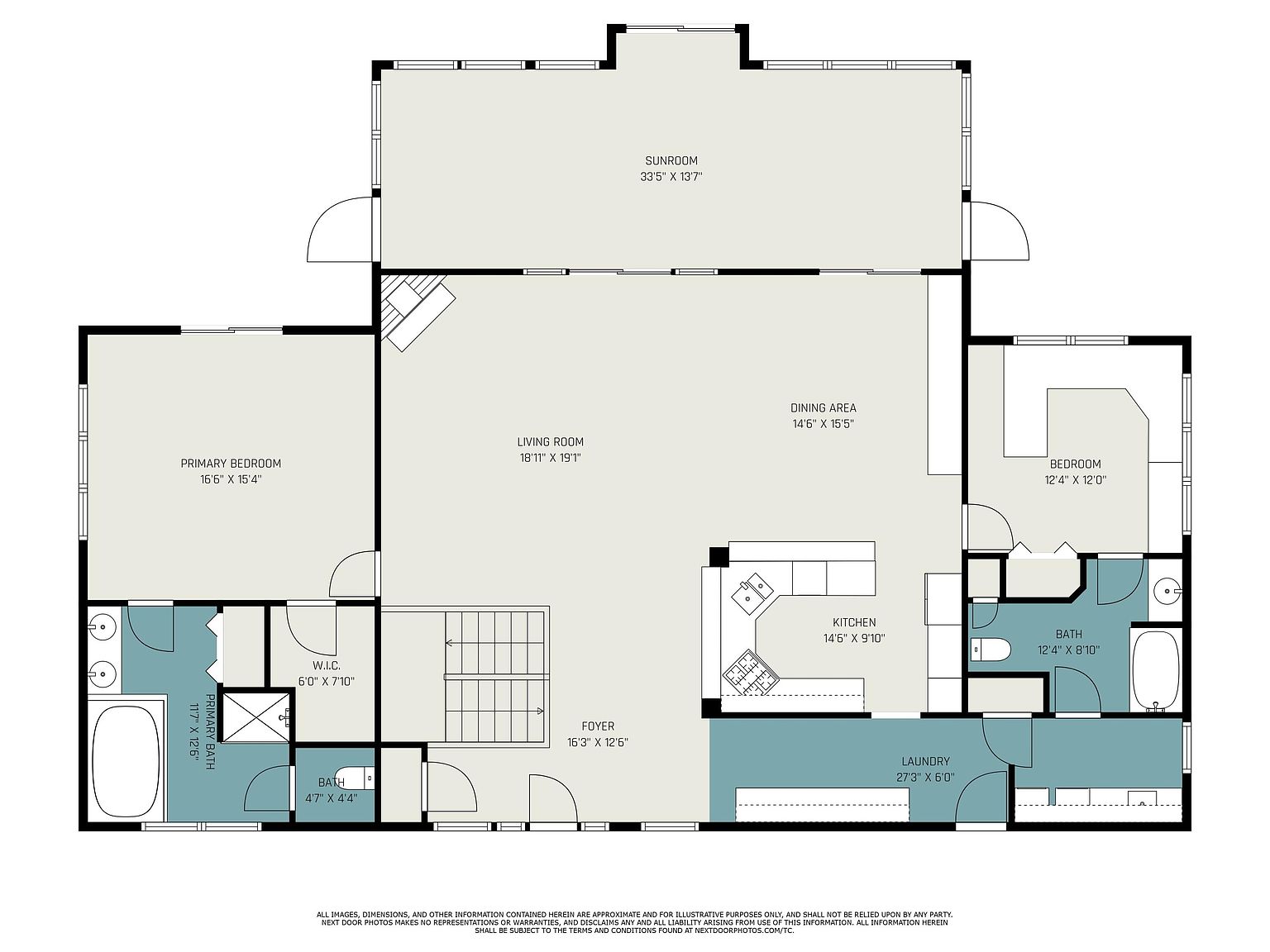 This image presents a detailed floor plan of a house, showcasing the layout of various rooms including the primary bedroom, living room, kitchen, dining area, sunroom, and other bedrooms and bathrooms. The plan includes dimensions for each room, providing a clear understanding of the space and flow within the home. The layout suggests a well-designed and functional living space.