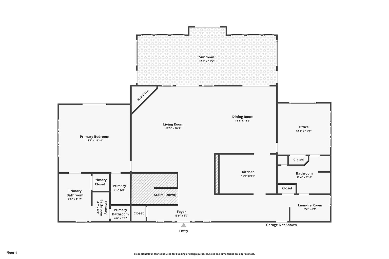 This is a floor plan of a house, showcasing the layout of the rooms on the first floor. The plan includes a living room, dining room, kitchen, primary bedroom with ensuite bathroom and closet, office, laundry room, sunroom, and foyer. Dimensions of each room are provided, offering a clear understanding of the space distribution.