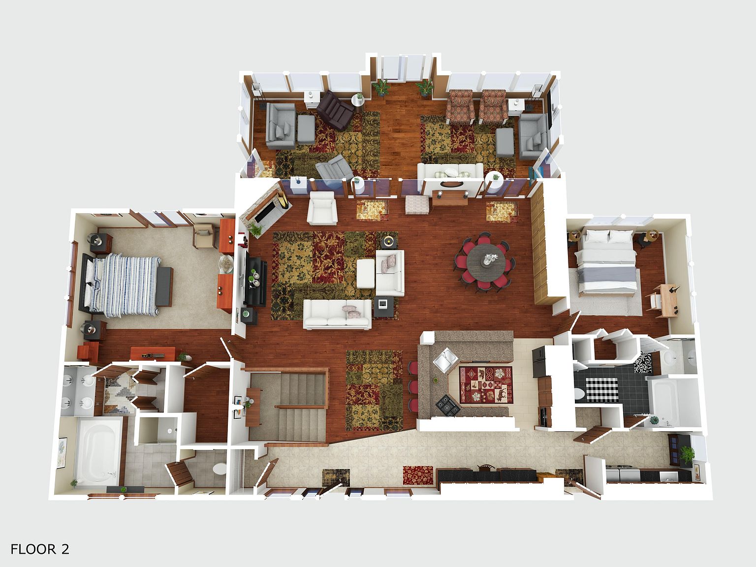 This is a detailed floor plan of a two-story house, showcasing the layout of rooms on the second floor. The plan includes bedrooms, bathrooms, living areas, a kitchen, and a sunroom, all furnished to give a sense of space and design. The perspective is a top-down view, providing a comprehensive overview of the home's structure and flow.