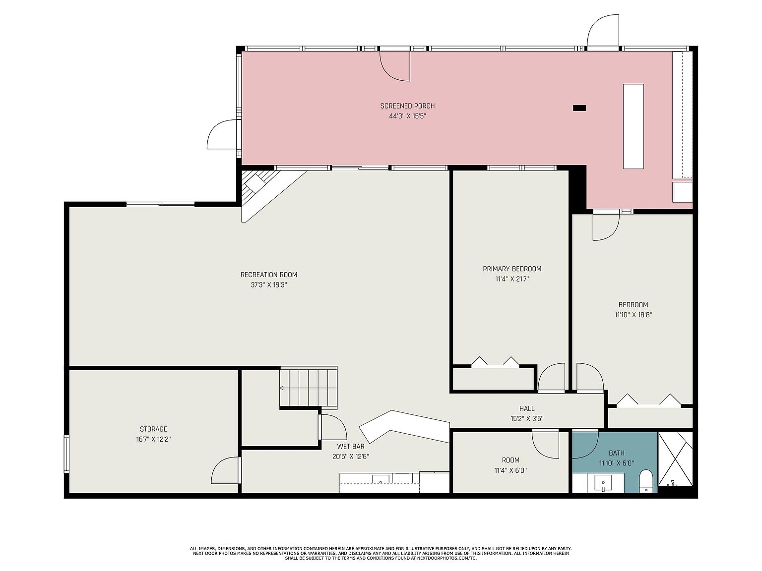 This is a floor plan of a basement featuring a recreation room, primary bedroom, and an additional bedroom. The basement also includes a screened porch, storage area, wet bar, hall, room, and bathroom. The layout suggests a functional and spacious living area.