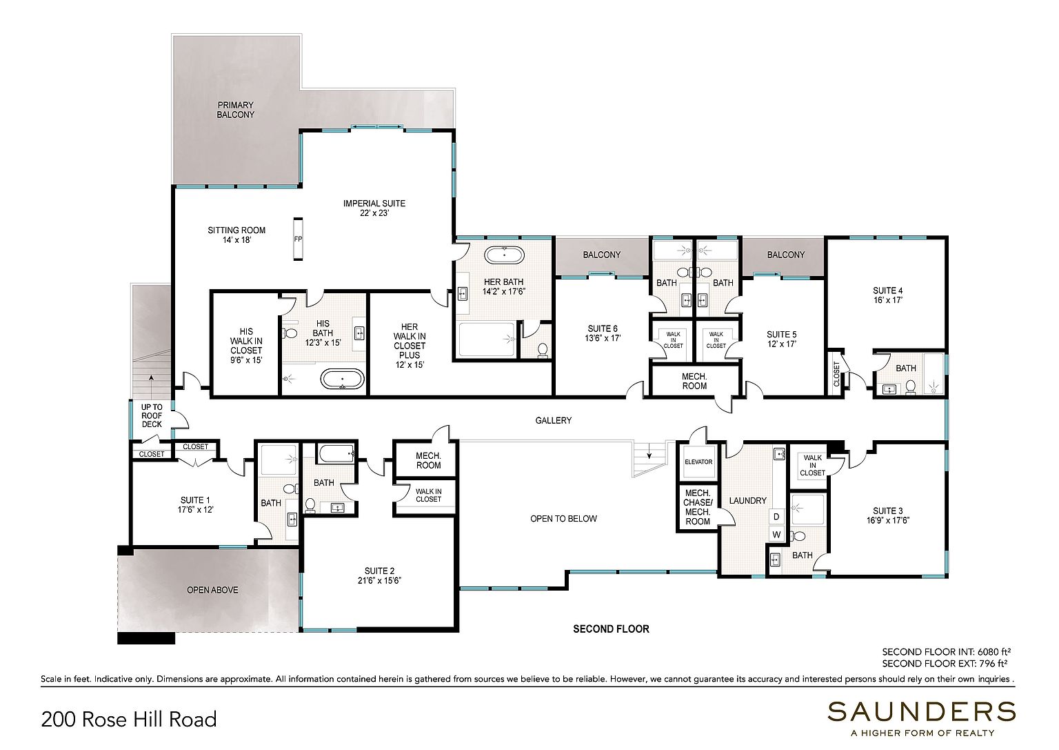 This image is a detailed architectural floor plan for the second floor of a luxury residence located at 200 Rose Hill Road. The layout features an expansive Imperial Suite with a sitting room and private balcony, multiple additional bedroom suites with en-suite bathrooms and walk-in closets, and a central gallery area. The plan also includes functional spaces such as a laundry room, mechanical rooms, and an elevator, providing a comprehensive overview of the home's upper-level configuration.