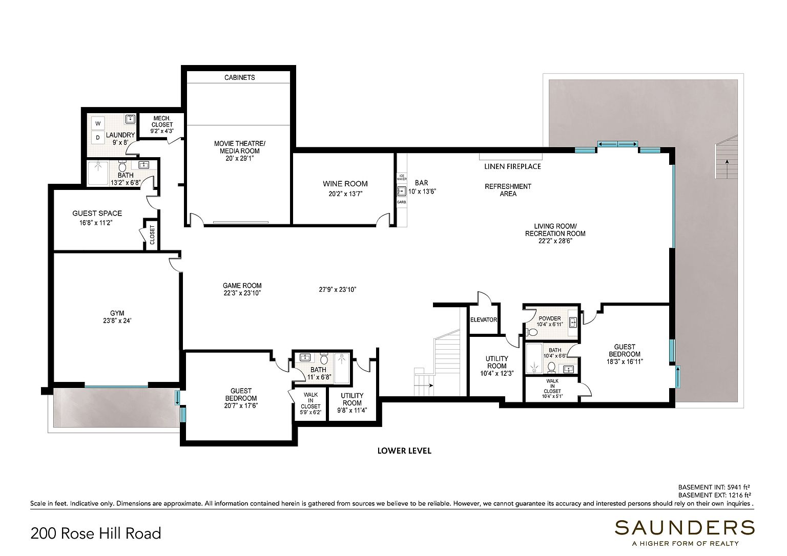 This image is a detailed floor plan for the lower level of a residence, showcasing an expansive layout that includes a movie theatre, wine room, gym, and multiple guest bedrooms. The design features a large central game room, a bar area, and a spacious living room with a fireplace, all connected by a functional hallway system. The layout emphasizes a comprehensive entertainment and living space, complete with utility rooms, bathrooms, and walk-in closets.