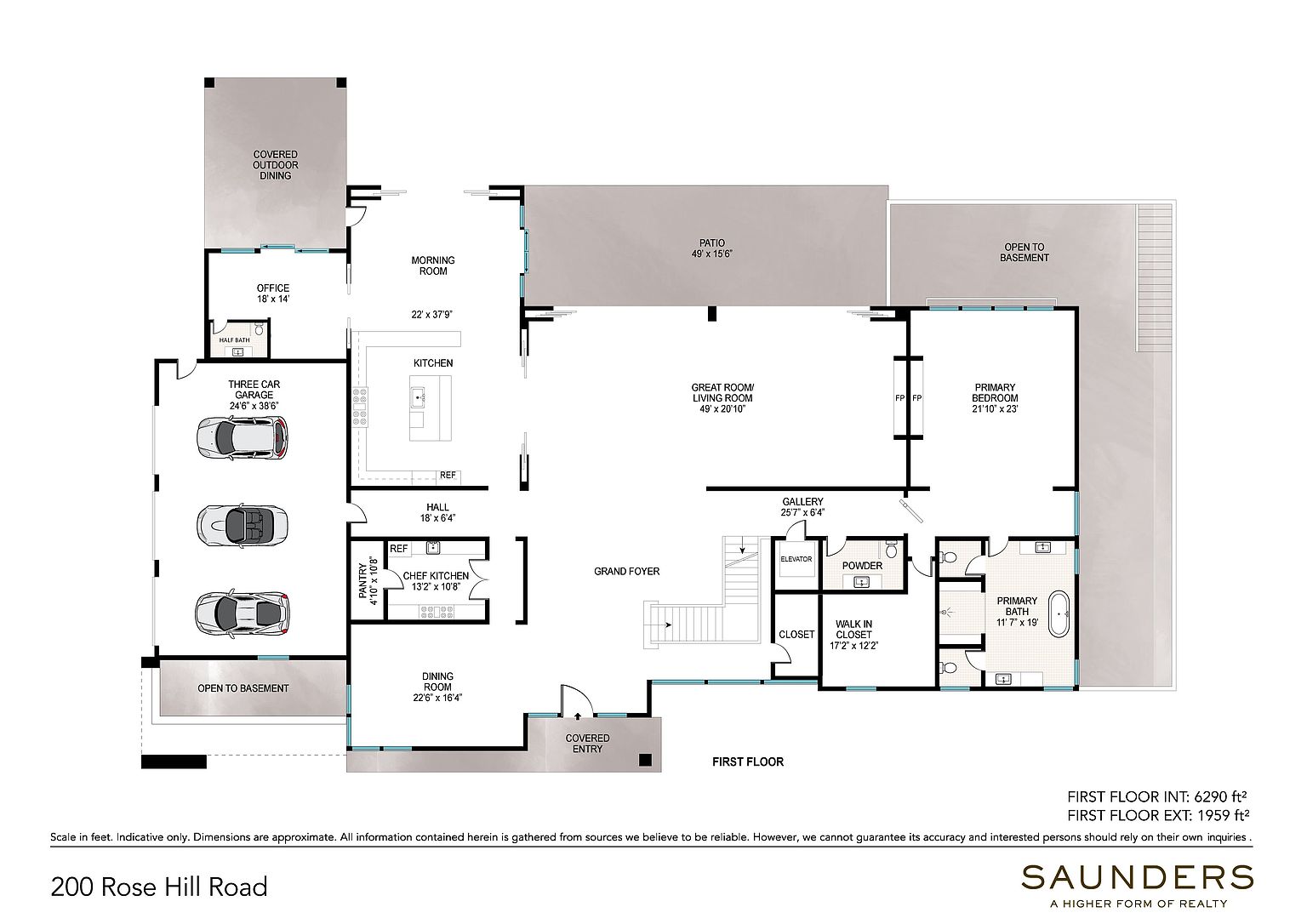 This image is a detailed architectural floor plan for the first level of a luxury residence located at 200 Rose Hill Road. The layout features an expansive open-concept living area, a chef's kitchen, a primary bedroom suite, and a three-car garage, all connected by a grand foyer. The design emphasizes indoor-outdoor flow with a large patio and covered outdoor dining area, providing a comprehensive overview of the home's spatial configuration.