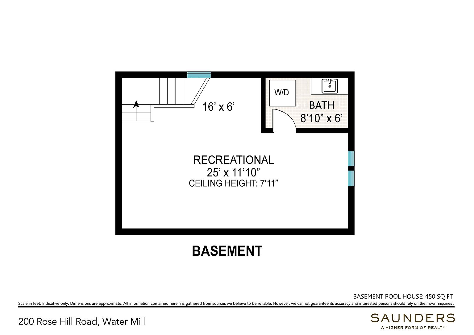 This is a floor plan diagram for a basement level, illustrating a large recreational area and a separate bathroom with laundry facilities. The layout includes a staircase entry point and clearly labeled dimensions for each section, including a ceiling height of 7'11". The graphic is presented in a clean, technical style typical of real estate property documentation.