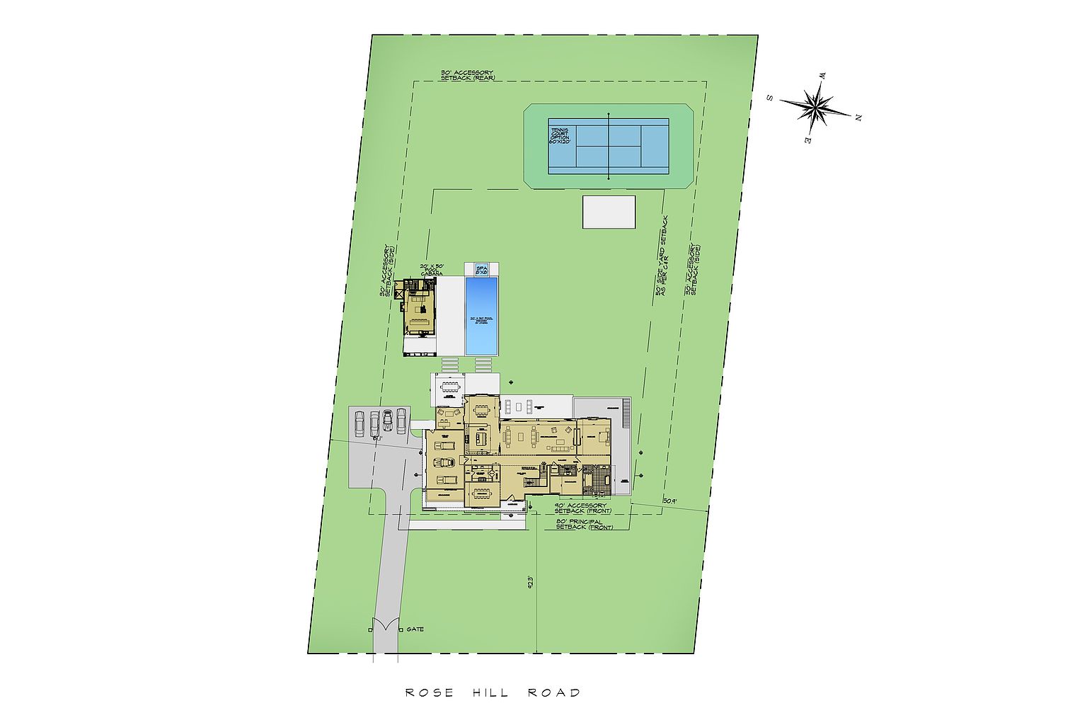 This image is a detailed site plan or architectural plot map showing the layout of a residential property along Rose Hill Road. The plan illustrates the footprint of the main house, a detached cabana, a swimming pool, and a tennis court, all set within a large, landscaped lot. It includes specific measurements for setbacks, property boundaries, and the orientation of the structures relative to the compass.
