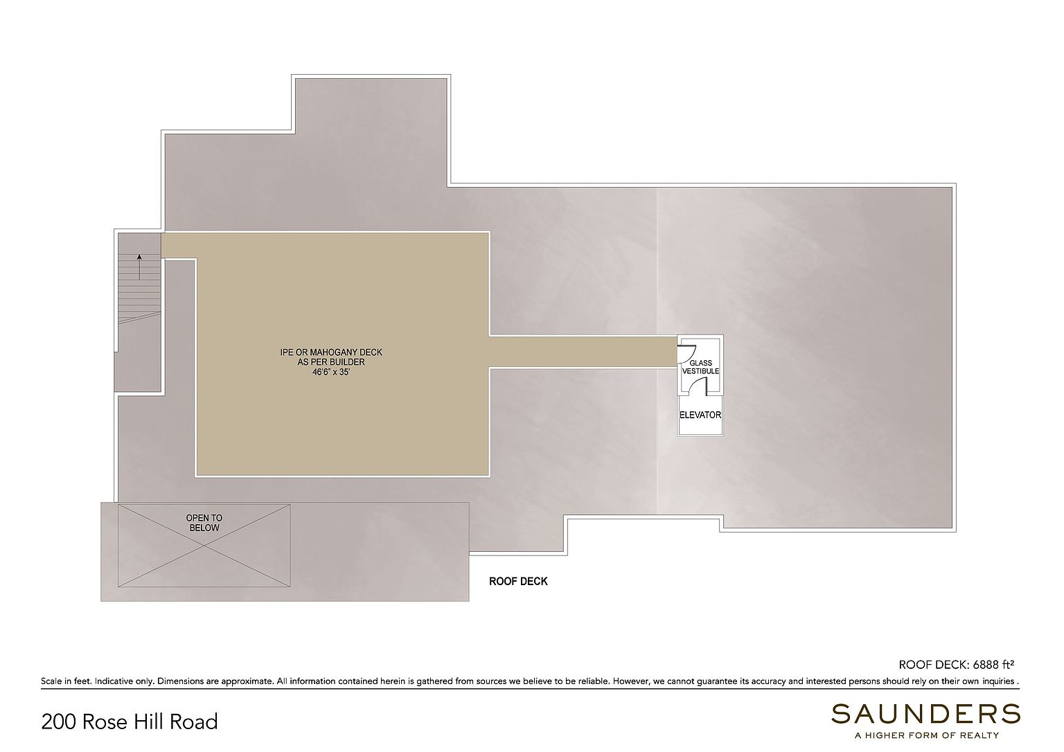 This image is a top-down architectural floor plan of a roof deck for a property located at 200 Rose Hill Road. The layout features a large central deck area designated for Ipe or mahogany, an elevator, a glass vestibule, and a staircase, with an additional section marked as open to below. The diagram provides a clear, technical overview of the outdoor space's dimensions and structural components.