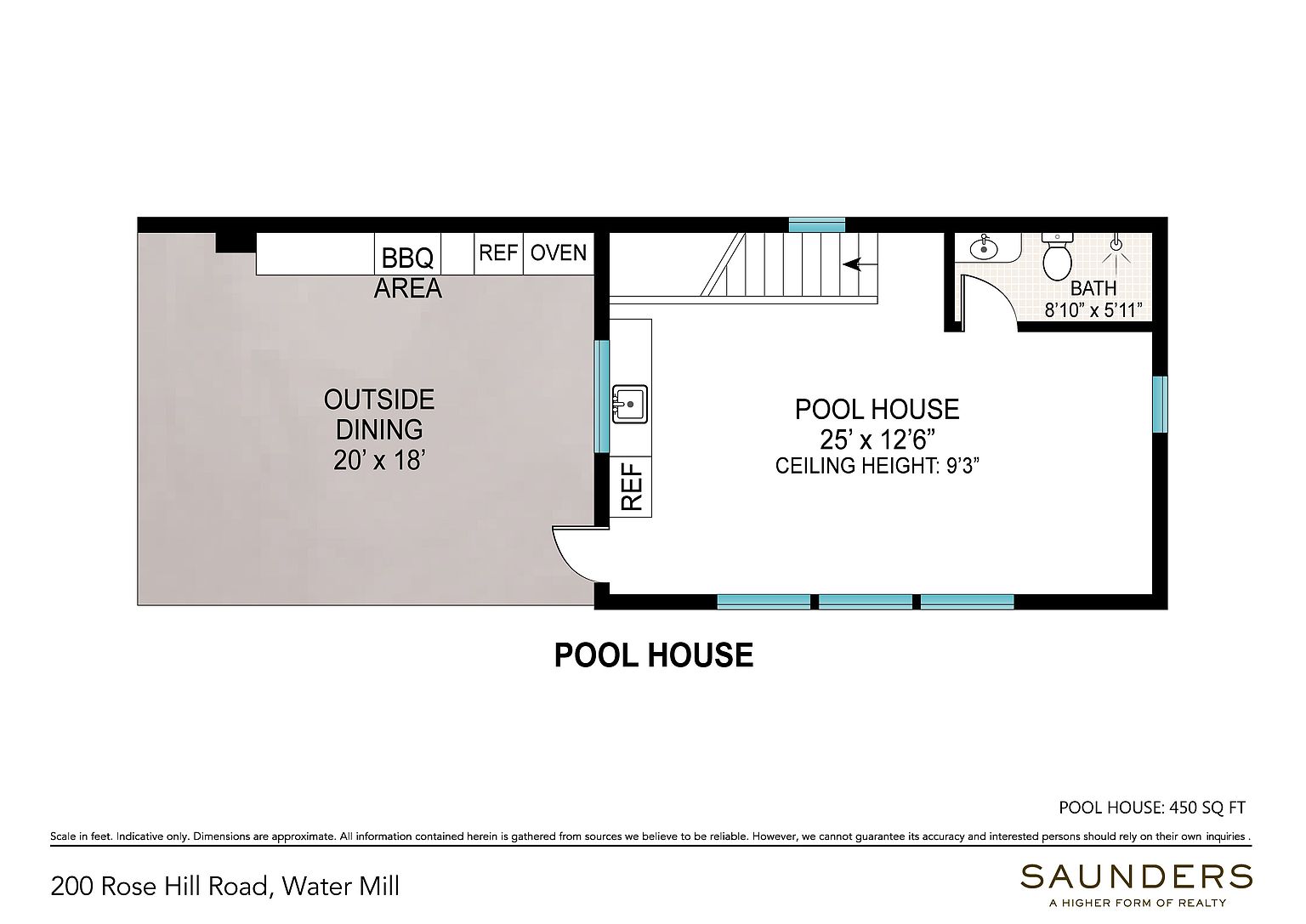 This is a detailed floor plan illustration for a pool house, showcasing an open-concept interior space and an adjacent outdoor dining area. The layout includes a designated bathroom, a kitchenette with a refrigerator and oven, and a spacious main room with a high ceiling. The diagram provides clear dimensions and labels for each functional zone, emphasizing the property's utility for outdoor entertaining.