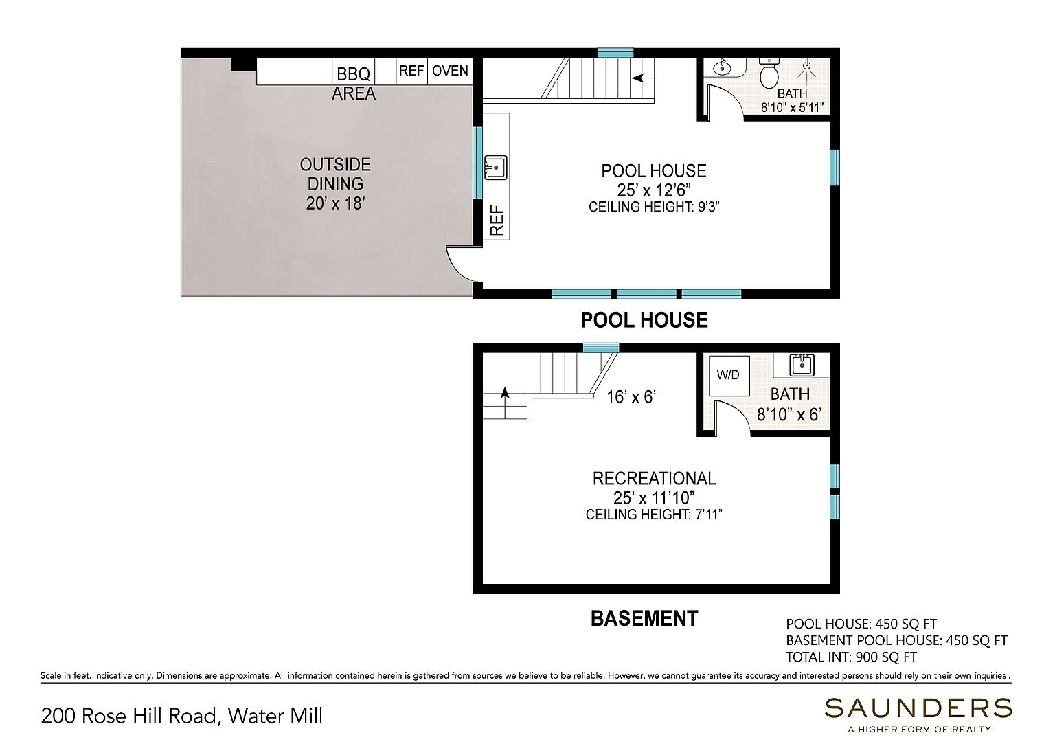 This image is a detailed floor plan illustration for a pool house and its corresponding basement level. The layout includes an outside dining area with a BBQ, a pool house with a bathroom, and a lower-level recreational space equipped with a laundry area and another bathroom. The diagram provides specific dimensions for each room and notes the total square footage for the structure.