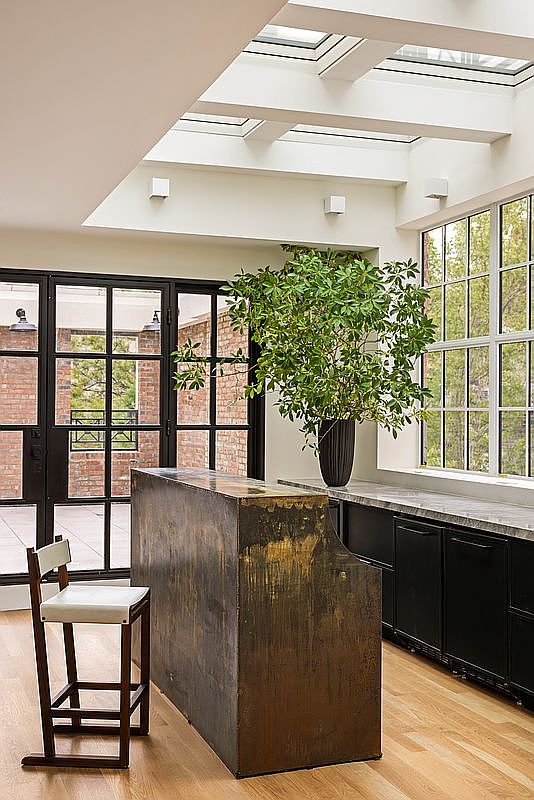This bright, modern kitchen space features a striking, weathered-metal bar island paired with a minimalist stool, set against a backdrop of black cabinetry and light wood flooring. A large, lush potted plant serves as a focal point, while overhead skylights and expansive windows with black frames flood the area with natural light. The view through the glass doors reveals an outdoor brick patio, creating a seamless transition between indoor and outdoor living.