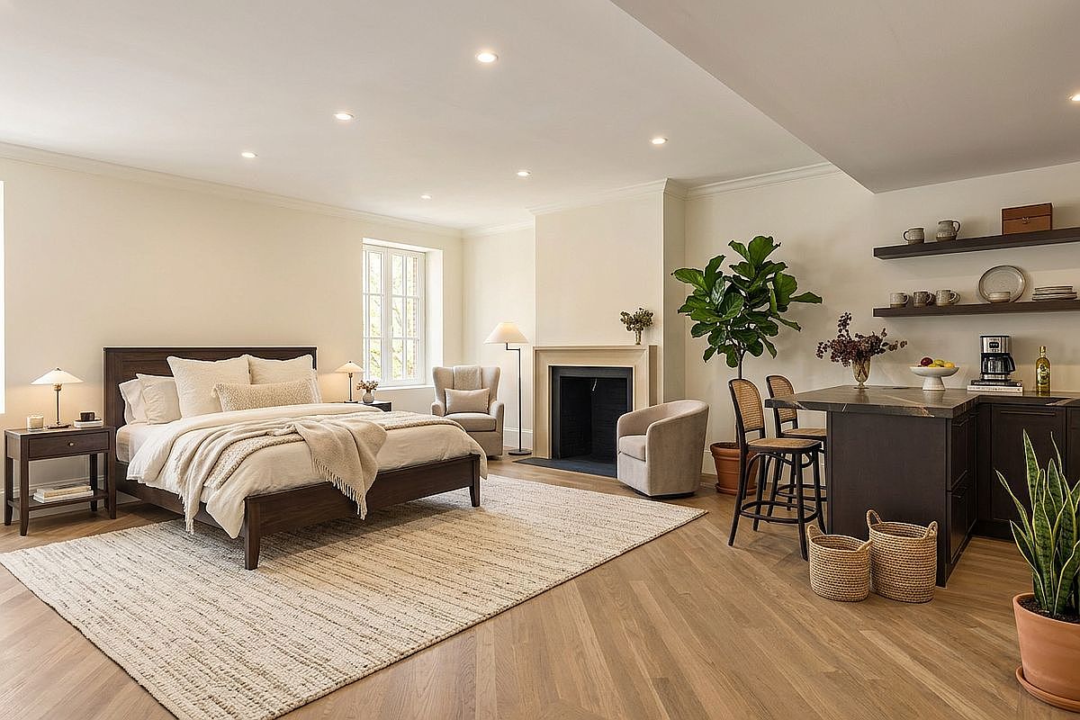 This spacious primary bedroom features a warm, neutral color palette with a large bed centered on a textured area rug. The room includes a cozy seating area with two armchairs flanking a fireplace, as well as a small kitchenette area with a dark stone-topped island and open shelving. The space is illuminated by recessed lighting and a floor lamp, creating a serene and sophisticated atmosphere.