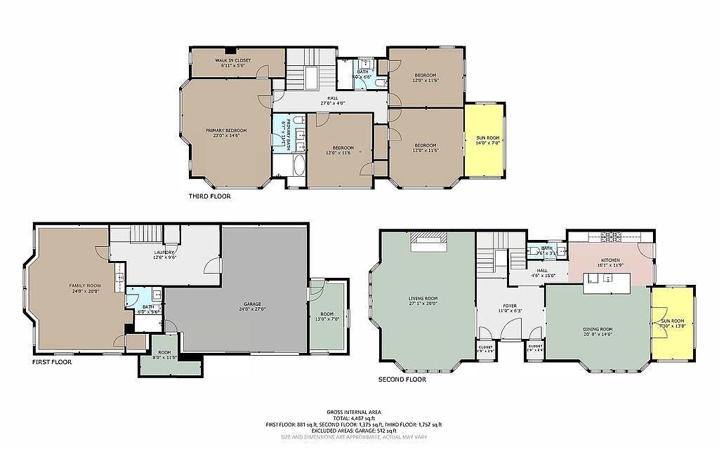 This image presents a detailed floor plan of a multi-story house, showcasing the layout of each floor including the first, second, and third levels. The plan highlights room dimensions, including bedrooms, living areas, kitchen, bathrooms, and garage, providing a comprehensive overview of the property's spatial arrangement and overall size.
