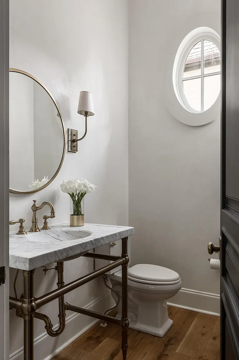 This is a well-lit guest bathroom featuring a marble countertop vanity with bronze fixtures and exposed plumbing. A round mirror hangs above the sink, complemented by a sconce. The room also includes a toilet and an oval window, creating a clean and elegant space.