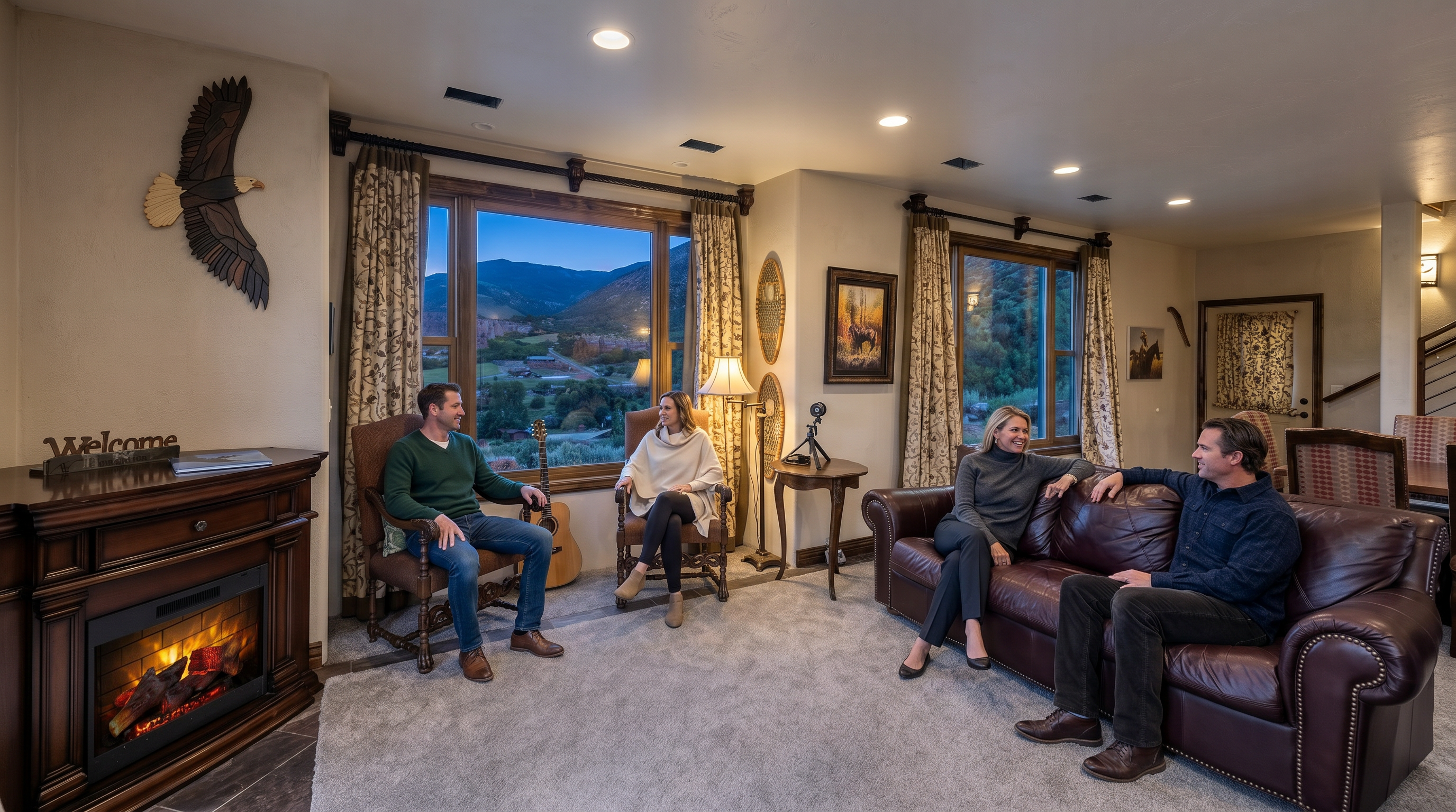 This inviting living room features a rustic, mountain-inspired aesthetic with a large leather sofa, two patterned armchairs, and a cozy fireplace. A prominent window offers a breathtaking, expansive view of the surrounding mountains and valley, creating a seamless connection between the interior and the natural landscape. The room is decorated with Western-themed accents, including an eagle wall sculpture and framed artwork, providing a warm and comfortable atmosphere.