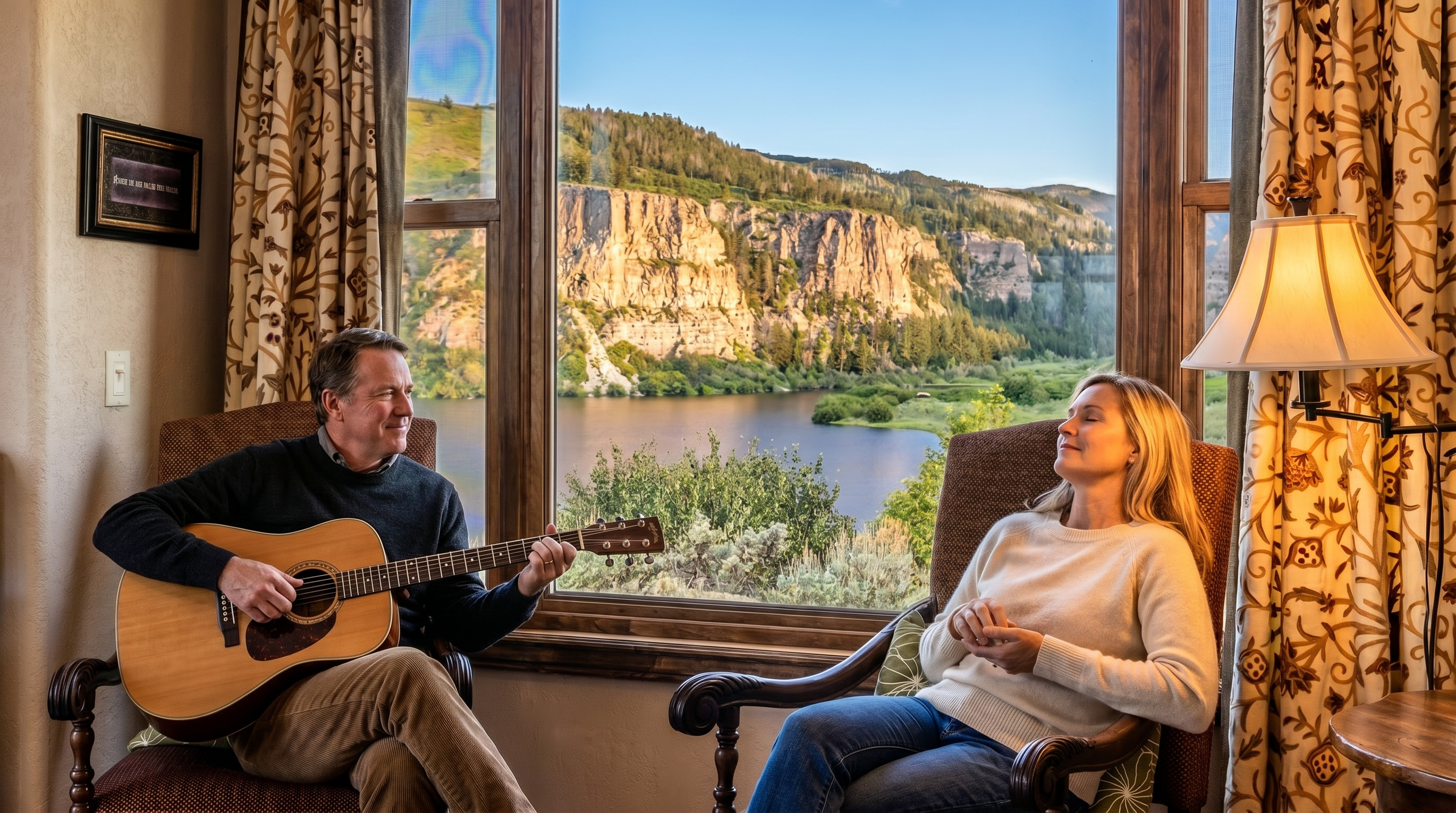 This cozy seating area features two traditional armchairs with patterned green throw pillows, positioned perfectly to frame a stunning, expansive view of a lake and rugged mountain cliffs through a large window. An acoustic guitar rests between the chairs, adding a rustic, relaxed charm to the space, while patterned curtains frame the window on either side. The warm, inviting atmosphere is enhanced by a classic floor lamp and a framed piece of wall art, creating a serene and picturesque retreat.