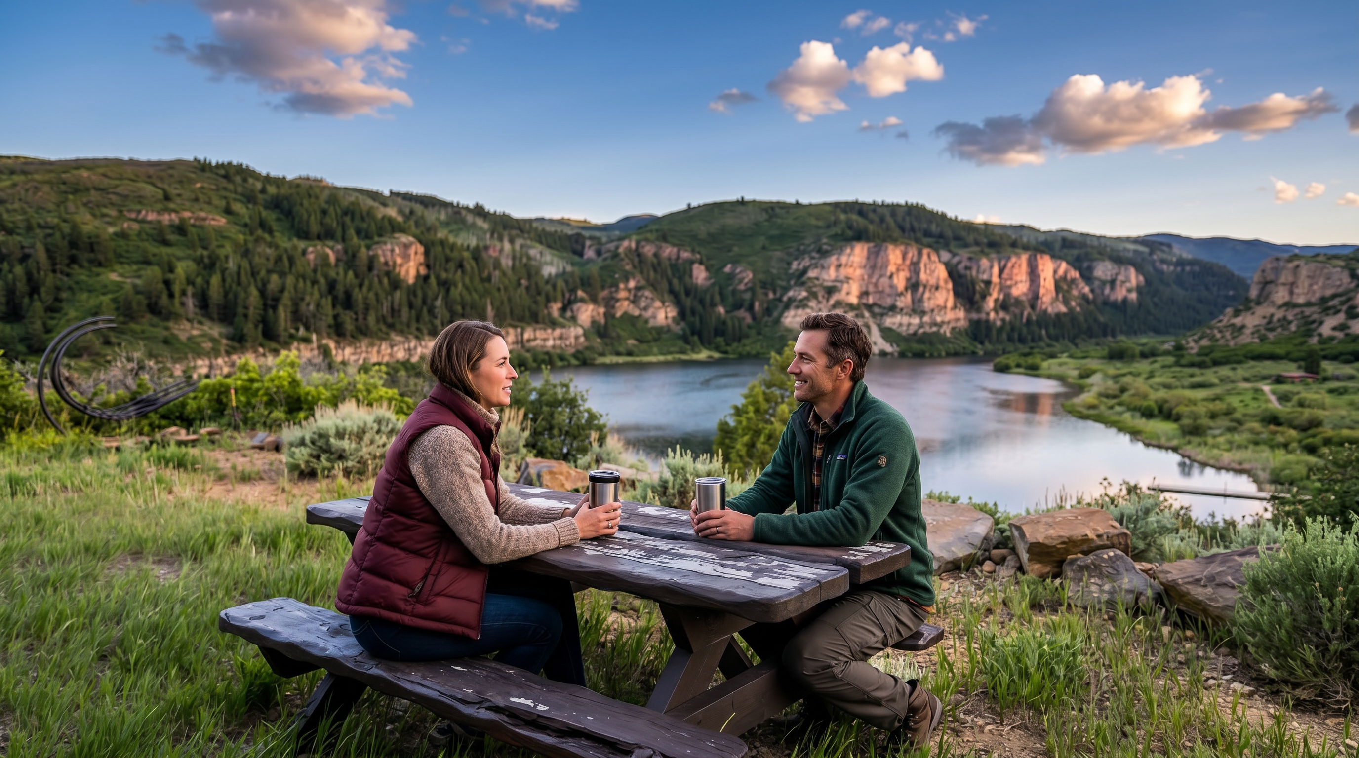This scenic outdoor space features a rustic wooden picnic table set on a grassy hillside overlooking a serene lake nestled between rugged, tree-covered mountains. The wide-angle perspective captures the expansive natural beauty of the landscape, highlighting the peaceful atmosphere and the dramatic, cloud-filled blue sky. It is an ideal setting for outdoor relaxation and enjoying panoramic views of the surrounding wilderness.