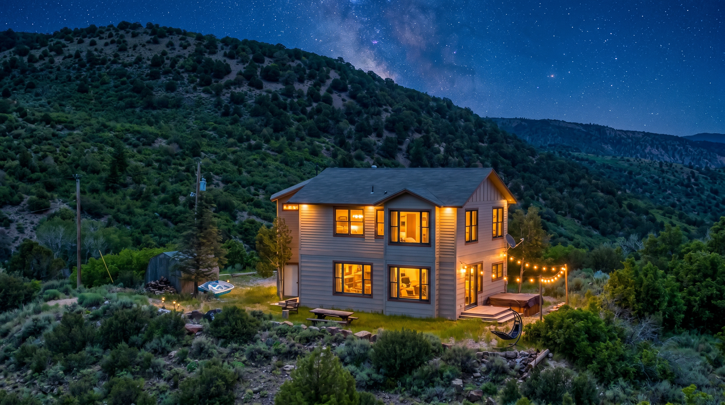 This stunning two-story rural home is captured at night under a vibrant Milky Way sky, showcasing its warm, inviting illuminated windows and glowing string lights. The property features a modest yard with a picnic table, a hanging lounge chair, and a nearby storage shed, all set against a dramatic backdrop of rolling, tree-covered hills. The overall impression is one of peaceful, isolated luxury, perfect for those seeking tranquility in a natural setting.