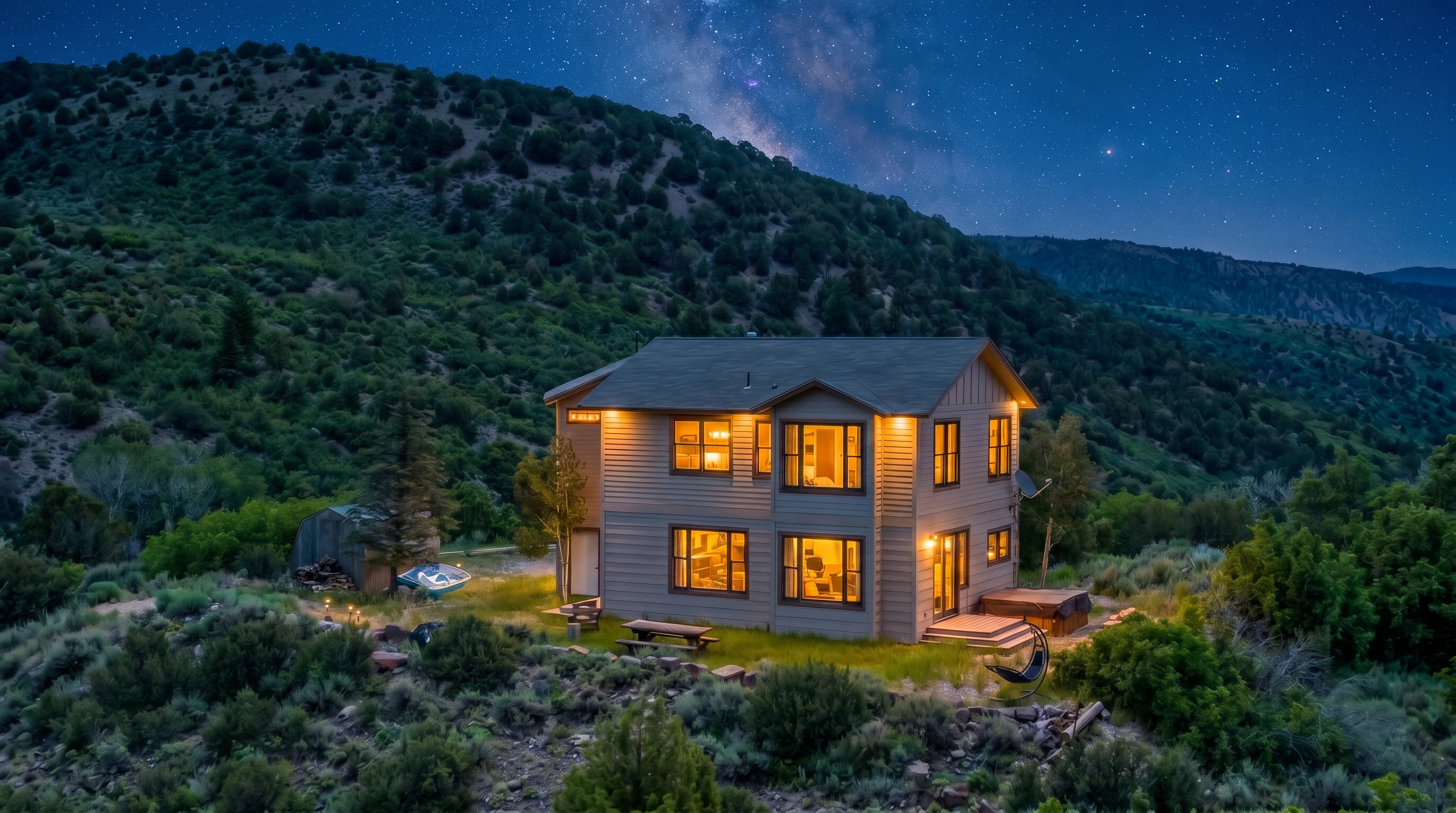 This elevated, wide-angle shot captures a two-story, light-tan residential home nestled into a lush, mountainous landscape. The property features a simple, functional design with large windows, a small wooden deck with a hot tub, and a detached shed, all surrounded by dense green hills and native shrubbery. The perspective emphasizes the home's secluded, tranquil setting, highlighting its integration into the natural environment.