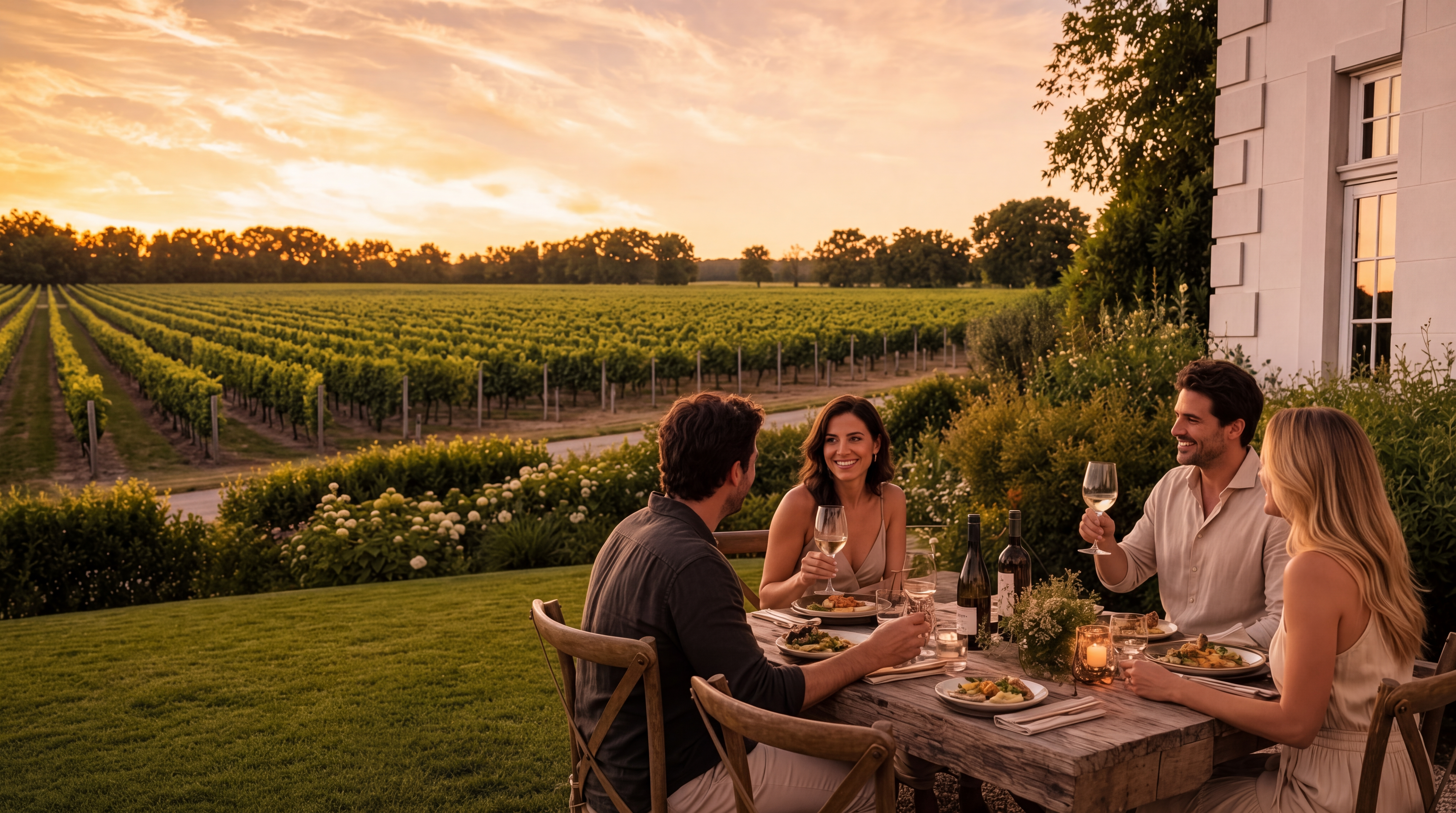 This outdoor dining scene captures an elegant evening on a terrace overlooking a lush, rolling vineyard at sunset. The setting features a rustic wooden table surrounded by guests, with the architectural detail of a classic white manor home visible in the background. It evokes a refined, tranquil lifestyle perfect for entertaining and enjoying scenic landscape views.