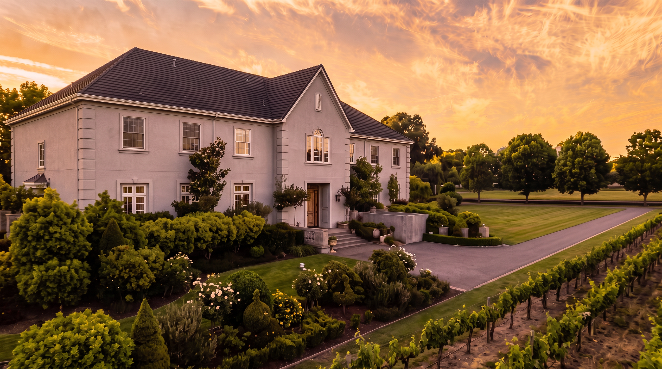 This elegant estate features a stately two-story facade with a neutral grey exterior and a classic dark roof. The home is framed by lush, meticulously landscaped gardens, vibrant rose bushes, and an expansive vineyard in the foreground, all set against a stunning golden-hour sky. A grand paved driveway leads to the main entryway, emphasizing the property's refined curb appeal and serene, expansive grounds.