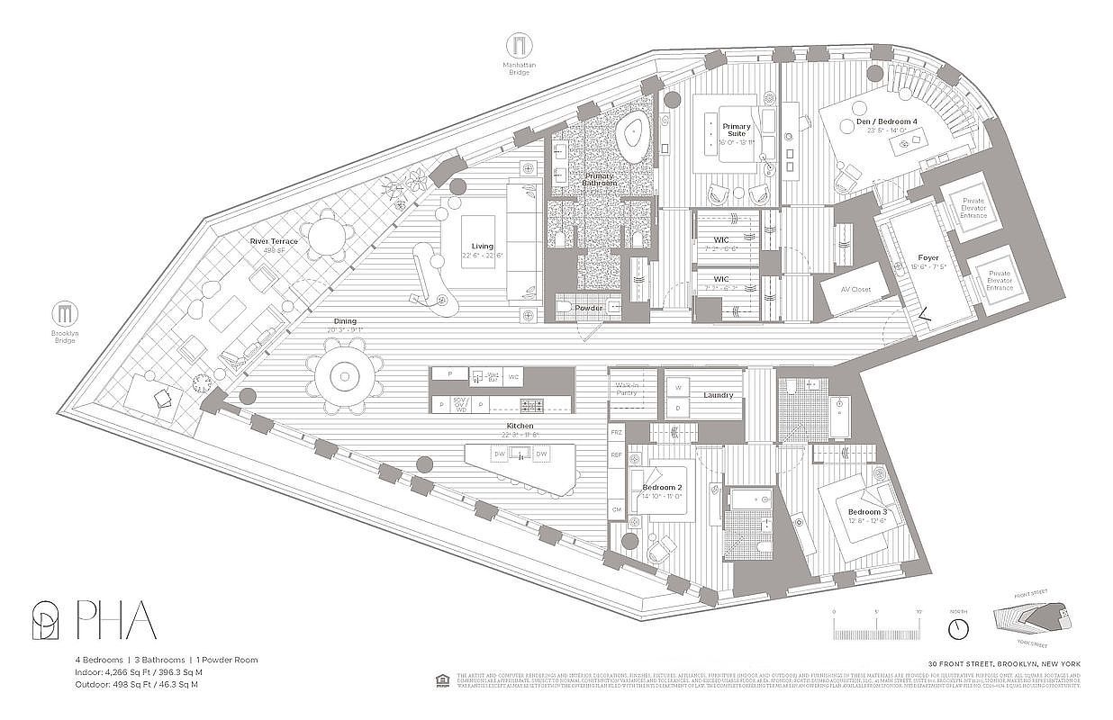 This image is a detailed architectural floor plan for a luxury penthouse apartment, labeled PHA, featuring four bedrooms and three bathrooms. The layout showcases an expansive open-concept living and dining area, a large kitchen with a pantry, a private terrace, and a primary suite with dual walk-in closets. The design emphasizes a sophisticated, high-end residential flow with a private elevator entrance and clear spatial organization.