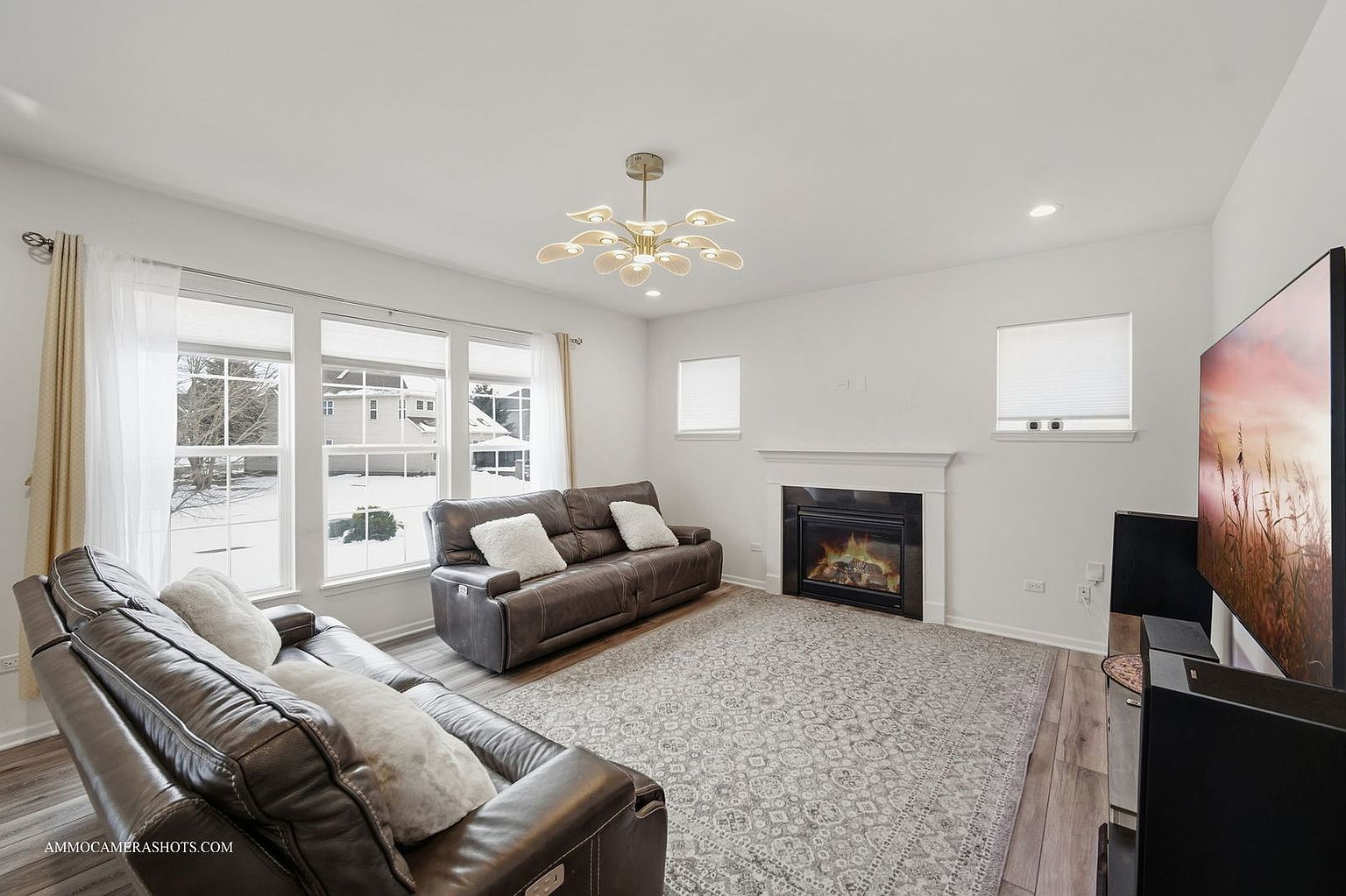 This is an interior shot of a living room featuring two leather sofas, a fireplace, and a large area rug. The room is well-lit with natural light coming through the windows, which are adorned with sheer curtains. The overall impression is a comfortable and inviting living space.