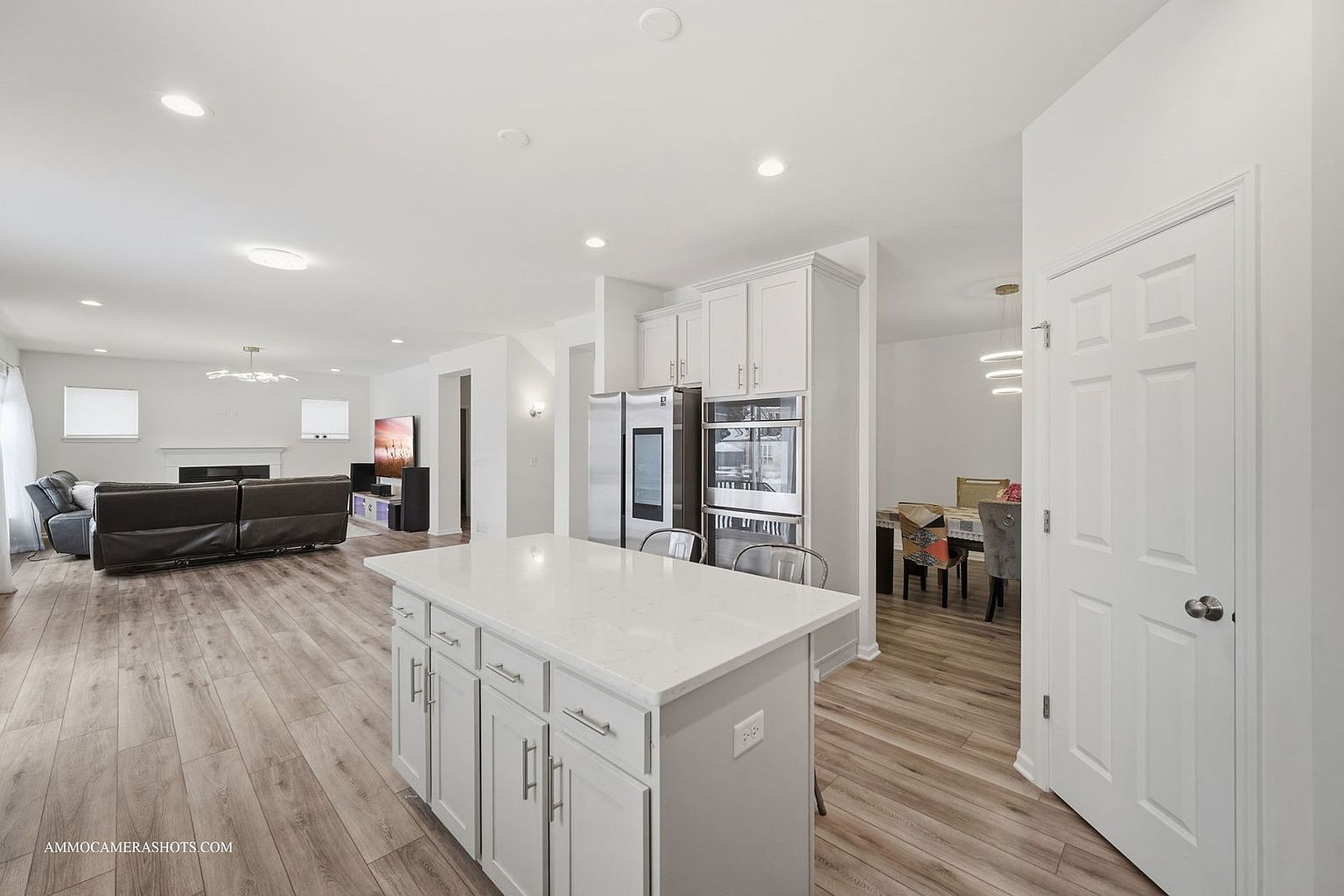 This is an open-concept kitchen and living area featuring a large kitchen island with white cabinets and a white countertop. Stainless steel appliances are visible, and the flooring is a light wood laminate. The living room has a dark leather sofa and a fireplace, creating a cohesive and modern living space.