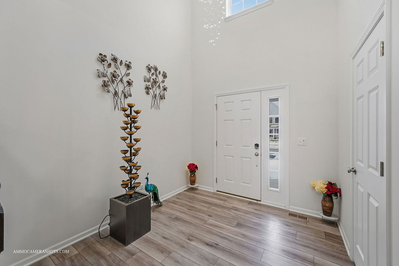 This is an interior shot of a bright and airy entryway. The walls are painted white, and the flooring is a light wood laminate. A decorative water fountain and floral arrangements add visual interest, while a white door with a window pane allows natural light to flood the space. The perspective is from the front, showcasing the entrance and the adjacent hallway.