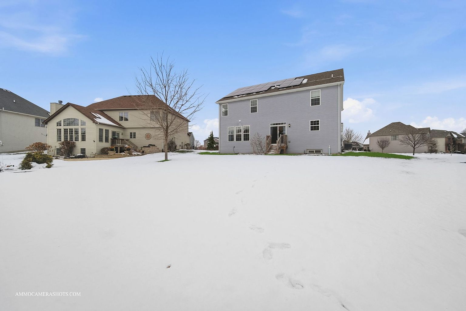 This is a rear view of a two-story house with light blue siding and solar panels on the roof. The backyard is covered in snow, with footprints visible leading towards the house. A neighboring house with a brown roof and beige siding is visible to the left, and a bare tree stands between the two properties.