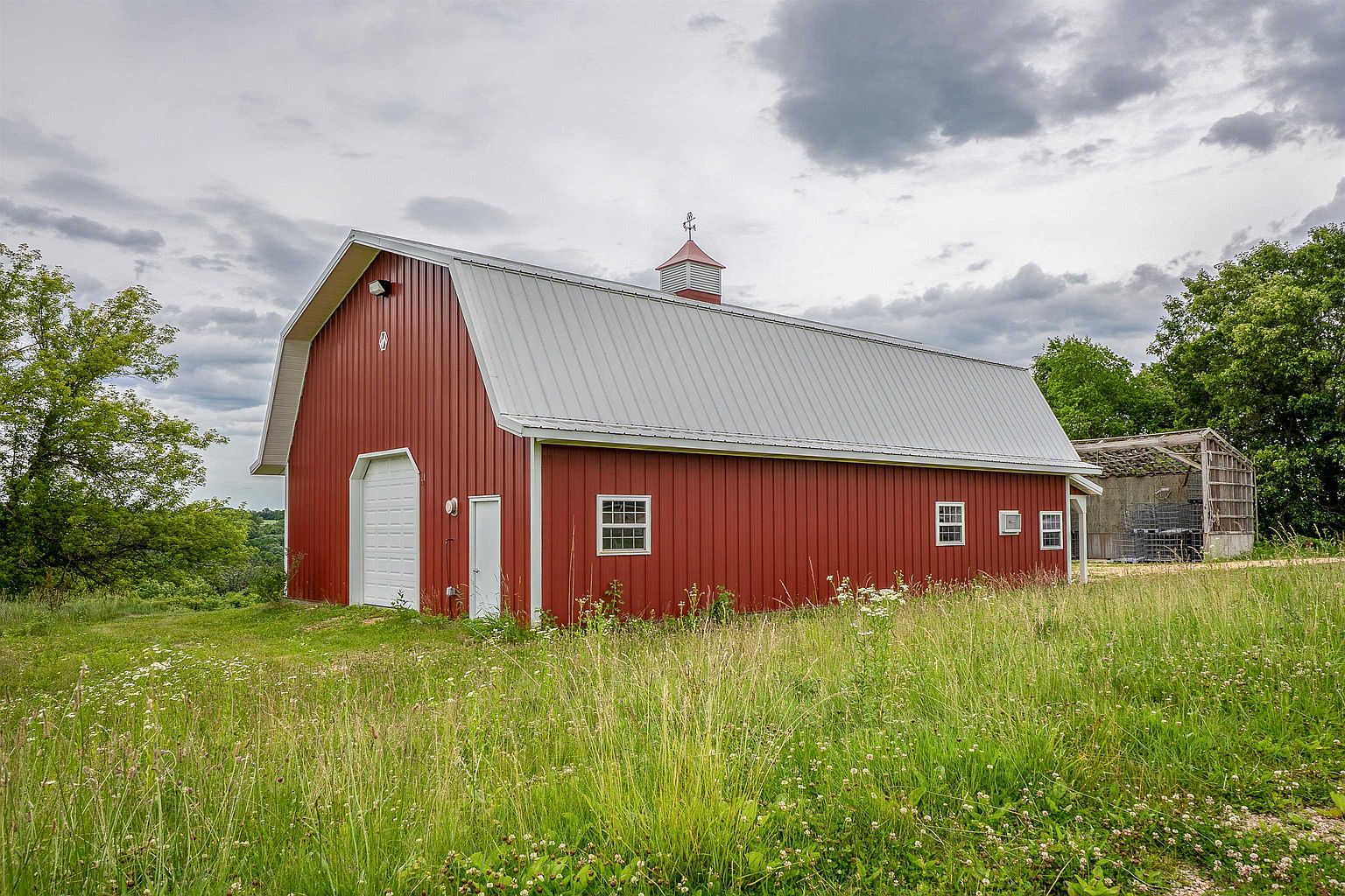 This image captures a side view of a classic red barn with a white metal roof and a matching white cupola topped with a weather vane. The structure features a large white garage-style door, a standard entry door, and several windows along the side wall, set against a backdrop of lush green trees and a cloudy sky. The foreground consists of a field of tall, wild grasses, emphasizing the rural and pastoral setting of the property.