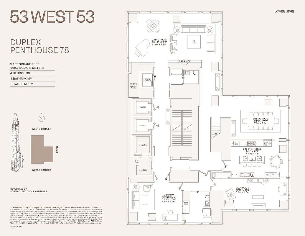 This image presents a detailed floor plan of a duplex penthouse, showcasing the layout of rooms including the living room, dining room, kitchen, bedrooms, and library. The plan also indicates the location of elevators, stairs, and other architectural features, providing a comprehensive overview of the property's design and spatial arrangement.