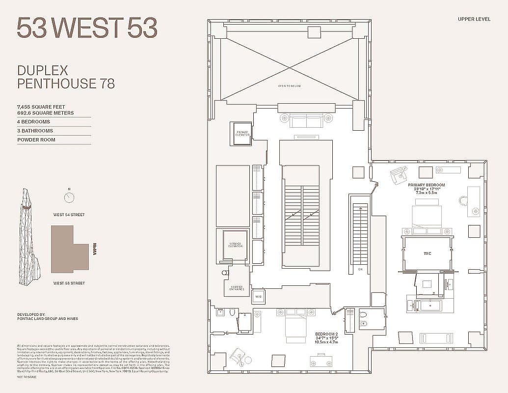 This image presents a floor plan for a duplex penthouse, specifically Penthouse 78 at 53 West 53. The layout details the upper level, showcasing the primary bedroom, a second bedroom, staircases, elevators, and open spaces, providing a comprehensive view of the apartment's design and spatial arrangement. The floor plan includes dimensions and labels for each room, offering potential buyers a clear understanding of the property's layout and features.