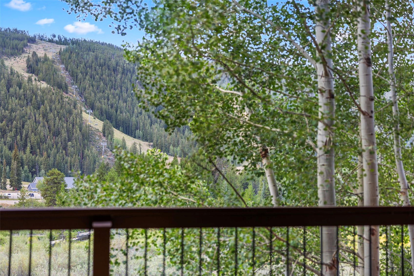 This view from a balcony captures a scenic mountain landscape featuring a ski slope with visible chairlifts cutting through a dense forest. In the foreground, the balcony railing and several birch trees frame the vista, creating a sense of depth and connection to the natural surroundings. The perspective offers a peaceful, elevated vantage point that highlights the property's proximity to outdoor recreational areas.