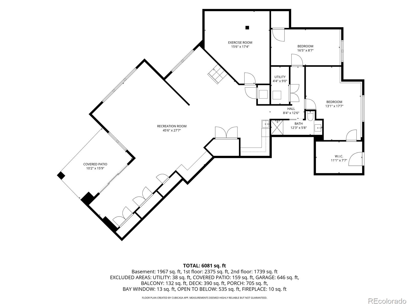 This image is a detailed 2D floor plan of a basement level, showcasing a spacious layout that includes a large recreation room, an exercise room, two bedrooms, a bathroom, and a utility area. The plan also highlights a covered patio and provides comprehensive square footage calculations for the entire property. The architectural drawing is presented from a top-down perspective, clearly outlining the spatial relationships and dimensions of each room.