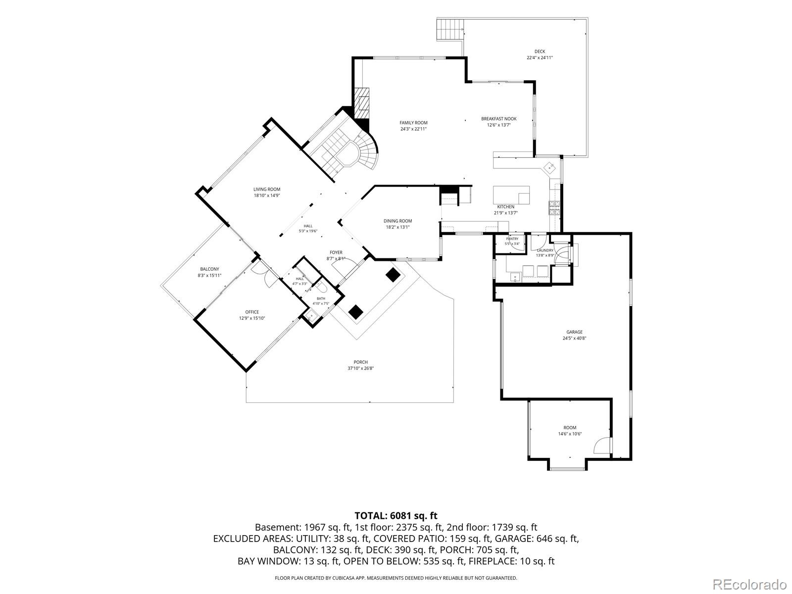 This image is a detailed 2D floor plan of a residential property's main level, showcasing a spacious and open layout. Key features include a large central foyer, a formal dining room, a family room with a curved staircase, a kitchen with an attached breakfast nook, and a dedicated office space. The plan also highlights extensive outdoor living areas, including a large porch and a deck, alongside a multi-car garage and a separate room adjacent to the garage.